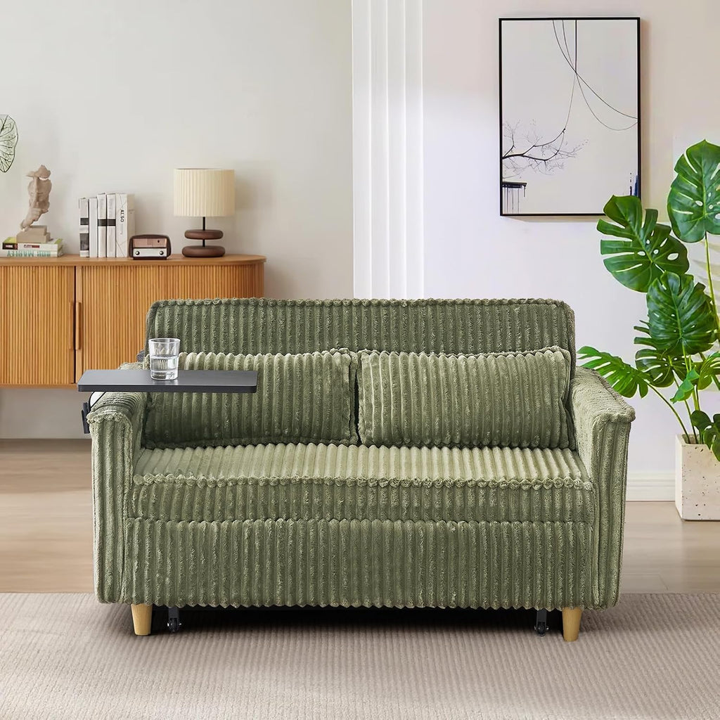 54'W Convertible Sleeper Sofa Bed,3-In-1 Corduroy Pull Out Couch Bed,Futon Loveseat Sleeper Couch with Adjustable Backrest & USB Ports & Side Table,Recliner for Living Room/Office/Small Space(Green)