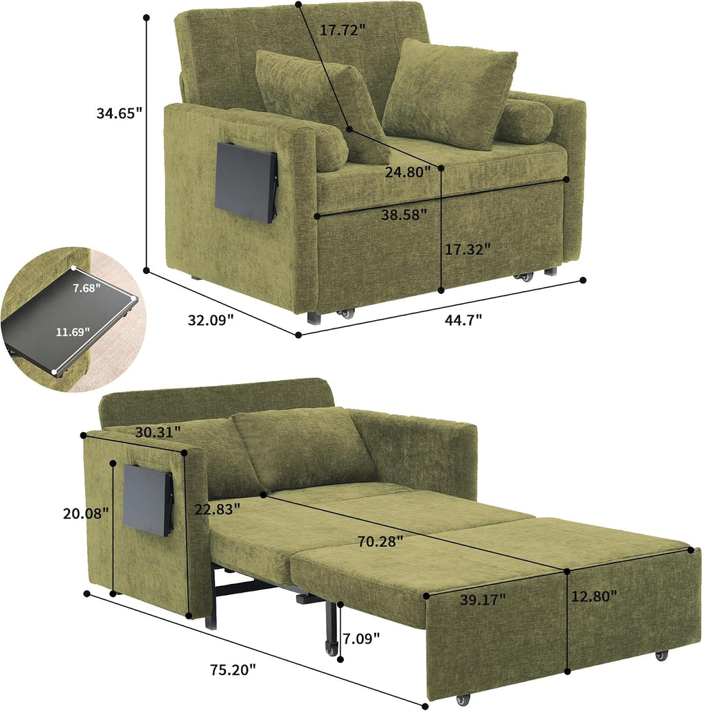 45' Oversize 3-in-1 Sleeper Chair, 75' Long Pull-Out Sleeper Sofa Bed with Wing Table and Side Pocket for Living Room, Bedroom, Small Space, Green