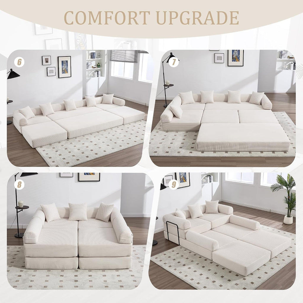 106' Oversized Convertible Sleeper Sofa Bed, Corduroy L Shape Sectional Couch, Folding Sofa Bed with Side Pocket, Modern Cloud Floor Mattress Couch, Modular Sofa for Living Room, Beige