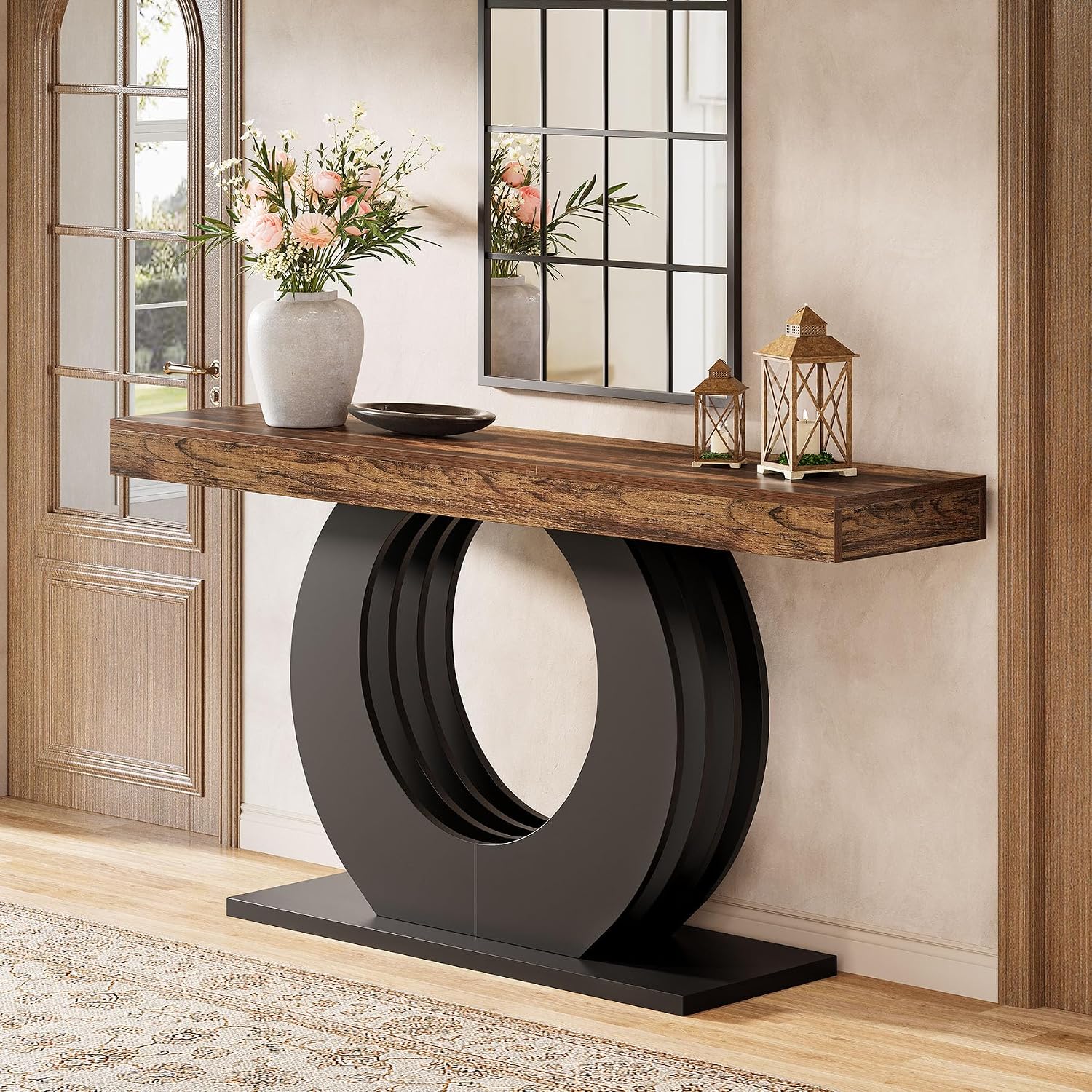 Tribesigns 63-Inch Console Sofa Table, Rustic Industrial Farmhouse Entryway Table, Narrow Long Couch Console Behind Sofa with Black Circle Base for Living Room Hallway, Rustic Brown
