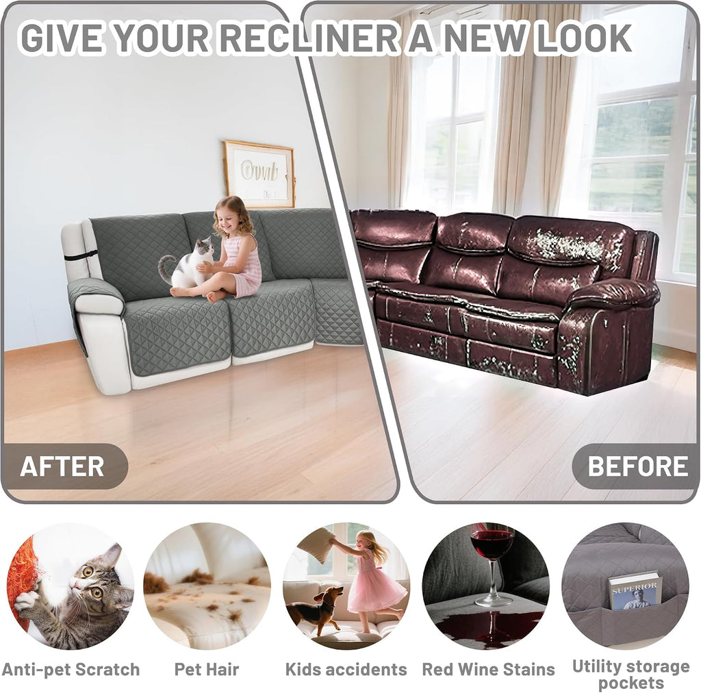 Waterproof Sectional Reclining Couch Covers L Shaped Recliner Sectional Sofa Cover 7 Piece Non Slip Washable Corner Recliner Slipcover Set for Pet Dog (5 Seater Cover, Middle Gray)