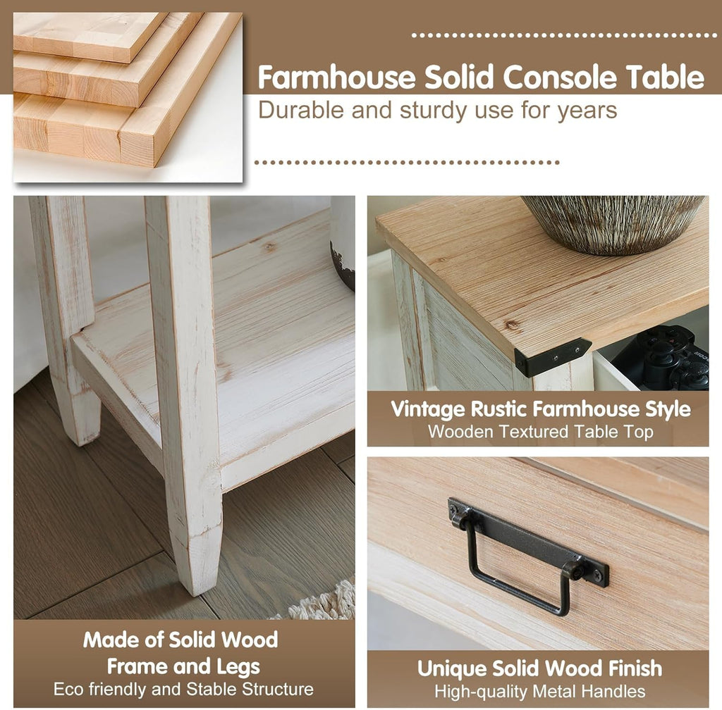 RUSTOWN Farmhouse Console Table with 4 Drawer, 60' Long Rustic Entryway Table with Open Storage Shelves and Handmade Metal Handle, Narrow Foyer Sofa Table for Living Room, Entryway, Hallway(White)