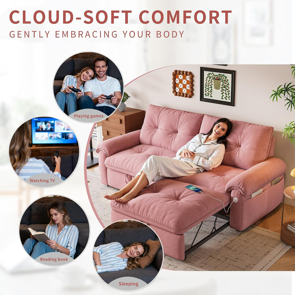 77' Queen Size Sofa Bed, Loveseat Sleeper Sofa with Pull Out Bed, Pockets and USB, Modern 2 Seater Convertible Small Couch for Living Room Bedroom Apartment, Pink