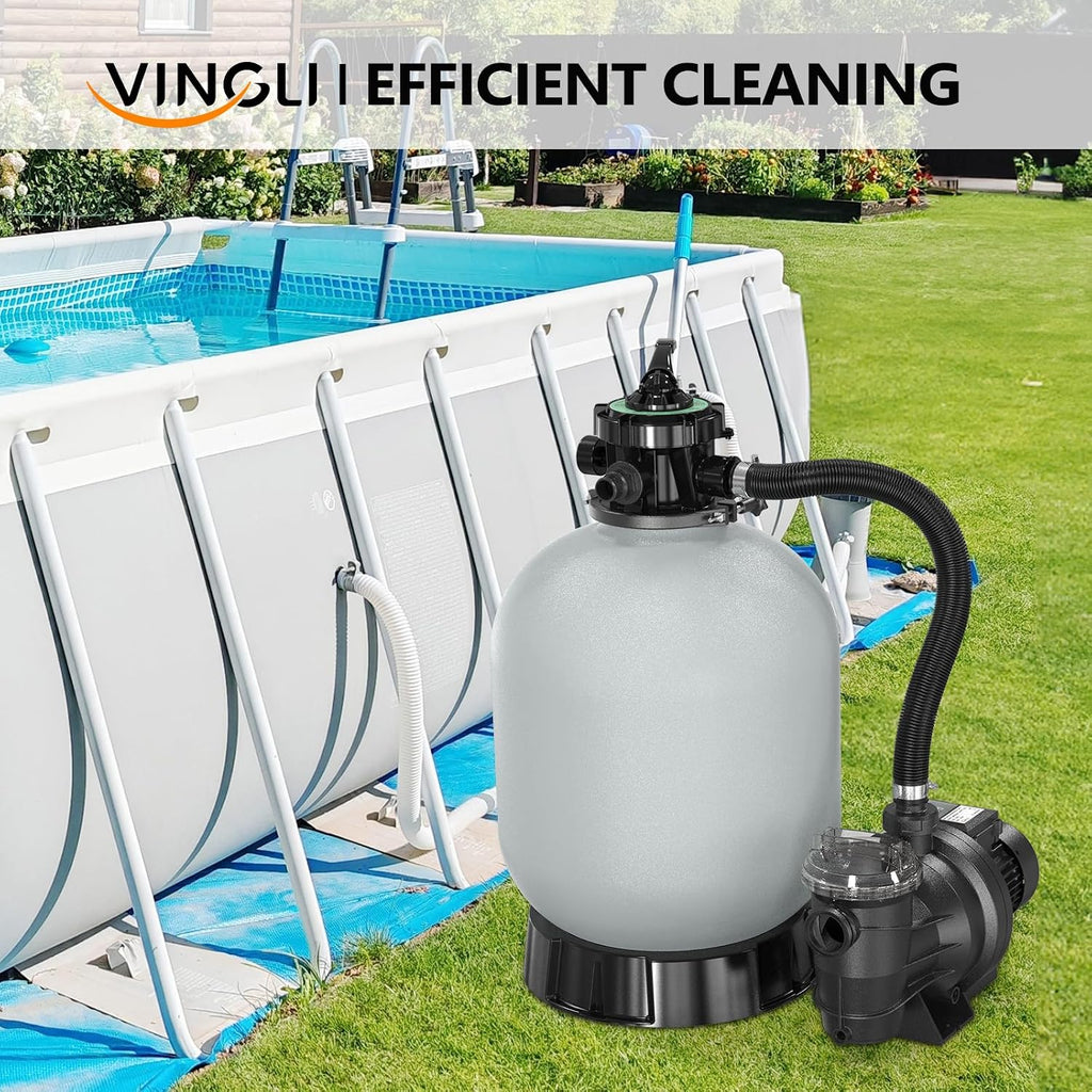 (24H Timer) VINGLI Sand Pool Filter 19in Tank With A 1HP Pump 115V Above Ground Pool Pump with Filter Basket,3962 GPH