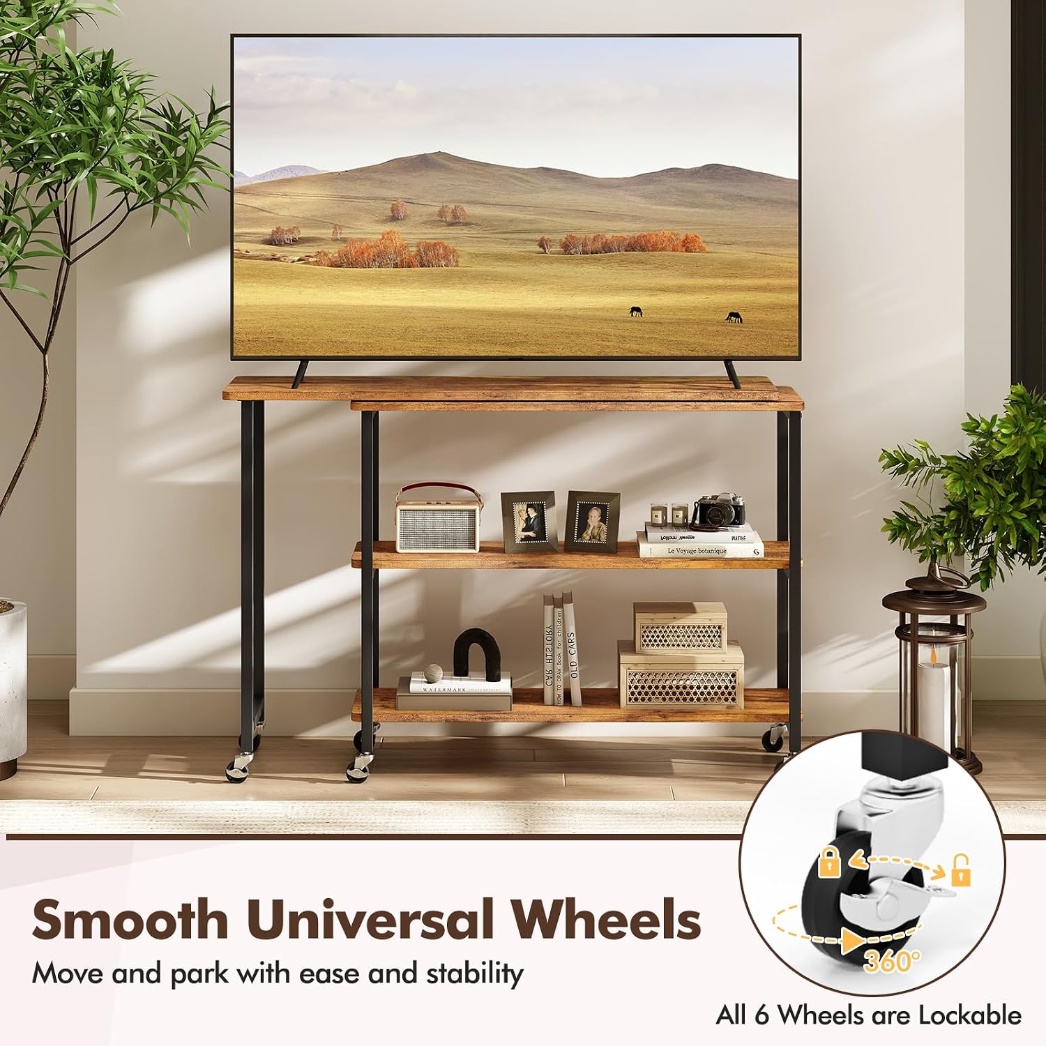 Giantex 360° Free Rotating Sofa Side Table, Patented Mobile End Table with 2-Tier Storage Shelves, 6 Universal Casters, Movable Laptop Tables for Snack, Couch, Light Brown