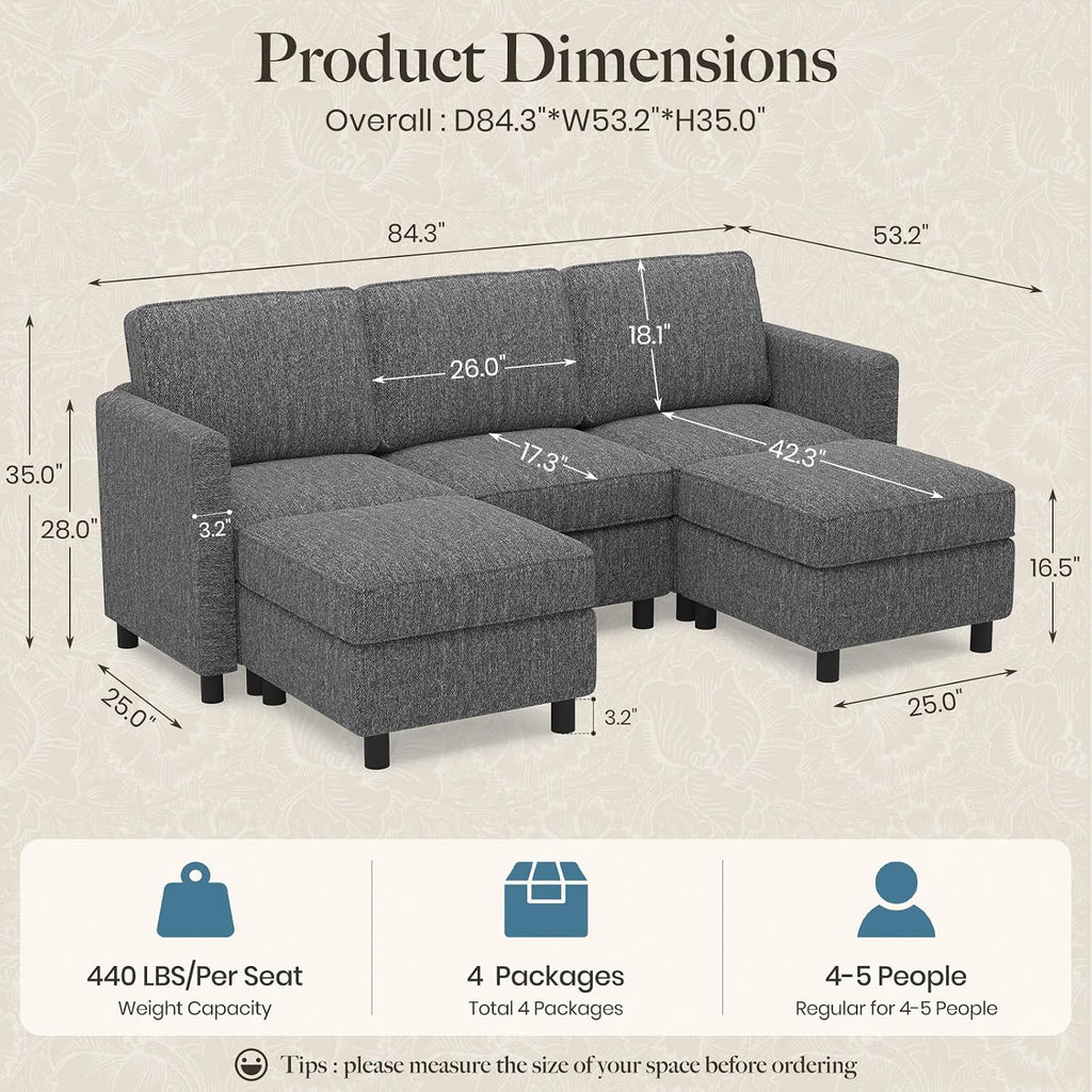Belffin 84.3' 5 Seats U Shaped Couch Modular Sectional Sofa Washable Sectional Couches for Living Room Comfy Couches with Storage Seat Couch Sofas with Chaise,Grey