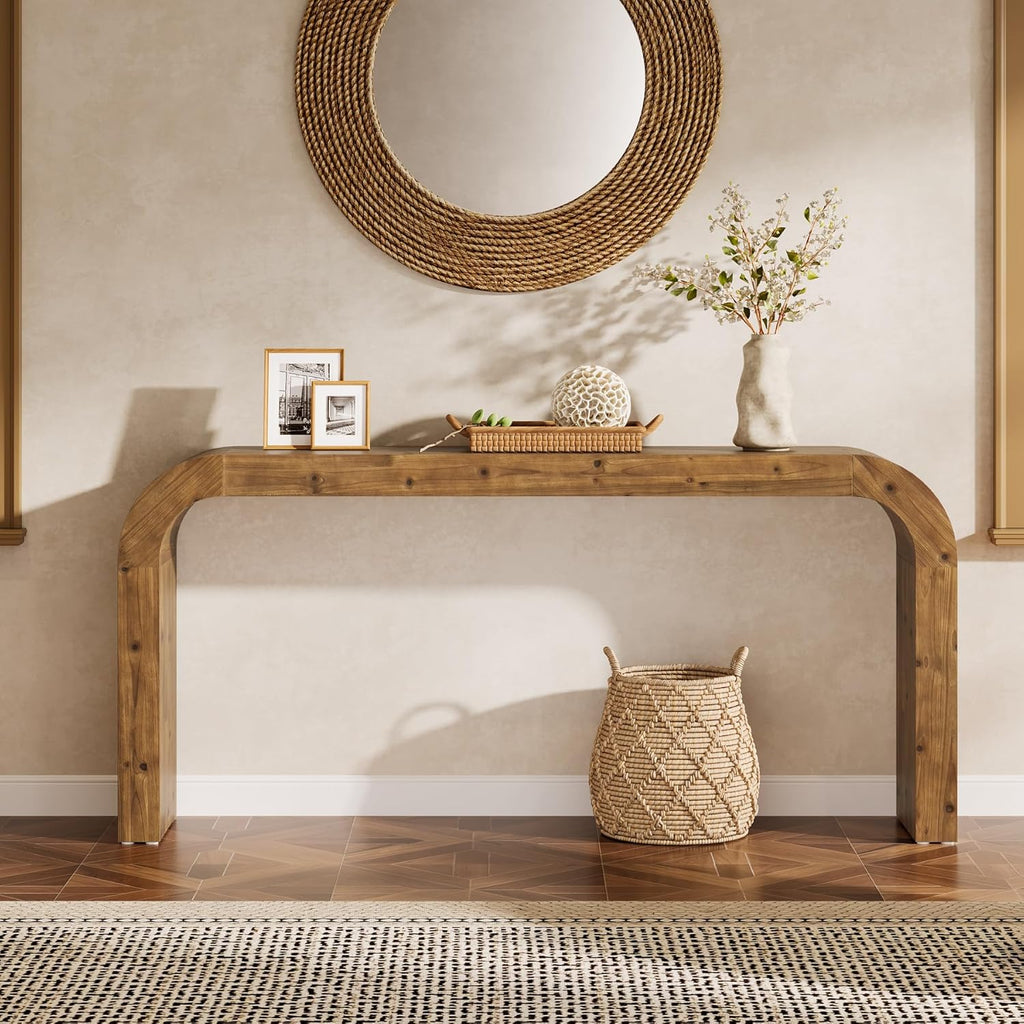 Solid Wood Console Table, 70.87-Inch Farmhouse Sofa Table with Waterfall Curved Corners for Hallway, Living Room, Behind Couch, Entrance (Natural Wood)