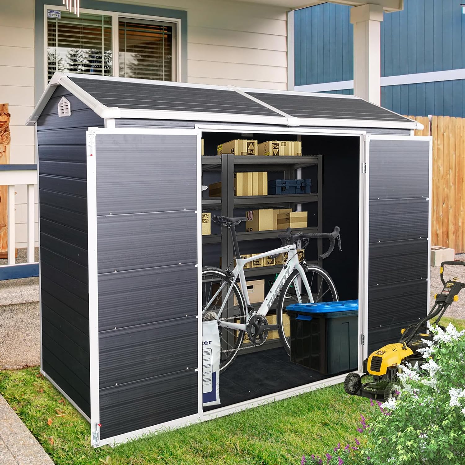 KUIKUI Outdoor Storage Shed with Floor, 4x8ft Resin Storage Sheds with 2 Windows and Lockable Door for Garden Tools, Backyard, Bike, Black