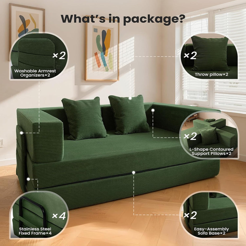 5‑in‑1 Futon Sofa Bed Queen– Floor Foldable Convertible Sofa Couch with L‑Shaped Armrests, Removable Cover, Green Convertible Guest Bed | Space‑Saving Fold‑Out Mattress Lounge for Living Room/Bedroom