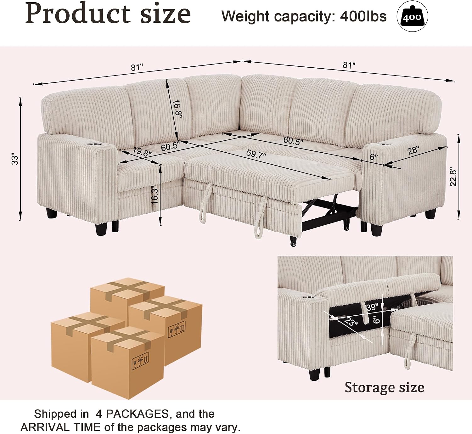 L-Shaped Sectional Couch with Storage and Pull Out Bed, Convertible Sofa Bed with USB Charging and Cup Holders, 5-Seat Modular Sleeper Sofas Convertible Couches for Living Room, Beige