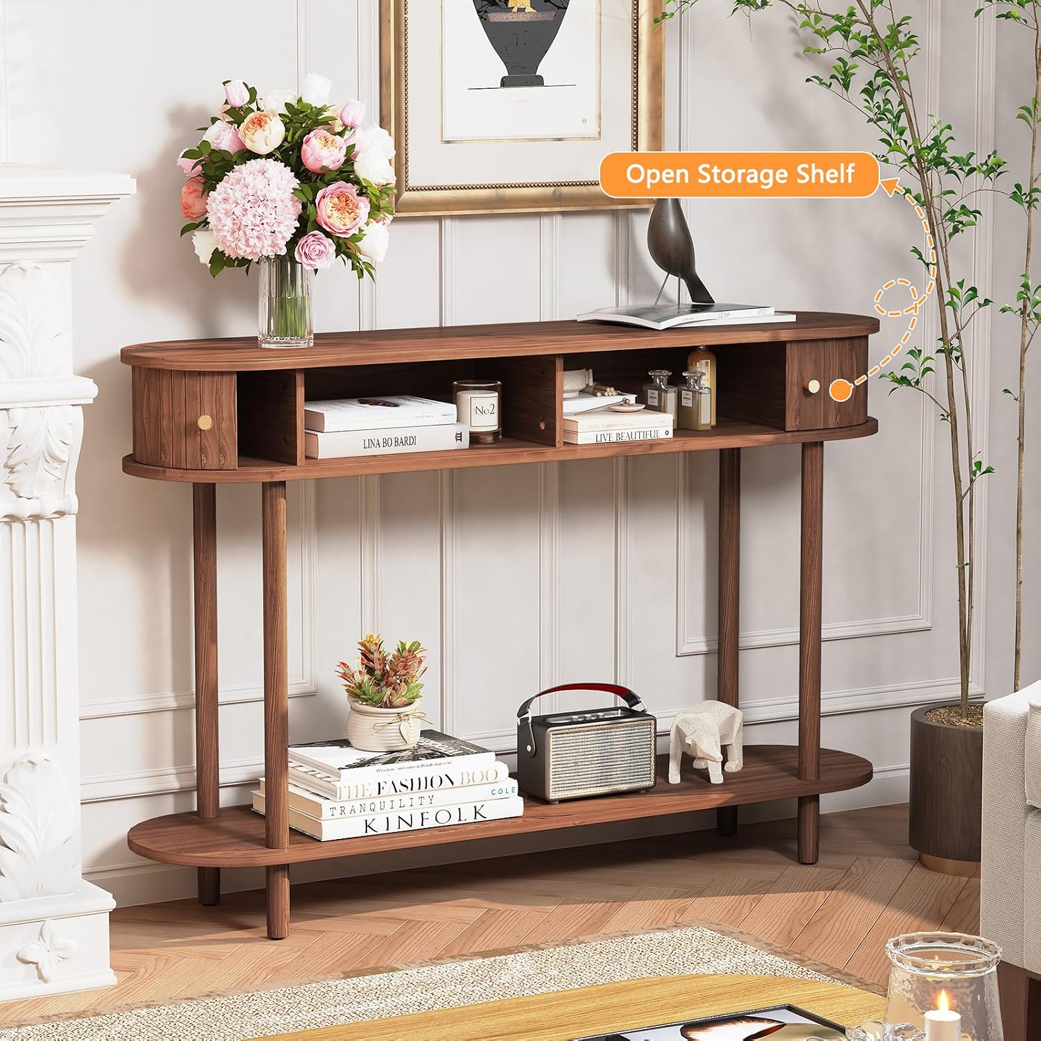 ARTPOWER 47.2' Modern Entryway Table with Wood Tambour Door, Accent Behind Couch Sofa Console with Storage, Fluted Side Table for Hallway, Living Room, Foyer, Brown