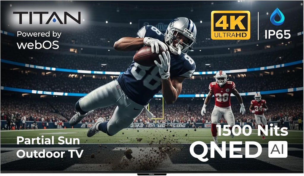 Titan L200 QNED 86 Inch Outdoor TV, Partial Sun, IP65 Smart Weatherproof TV, 4K HDR, 120 Hz, Web AI OS, 1500 Nits, Wi-Fi 6E, Dolby Digital, Outdoor TV Cover, Slim Bezel, 2 Yr Wty