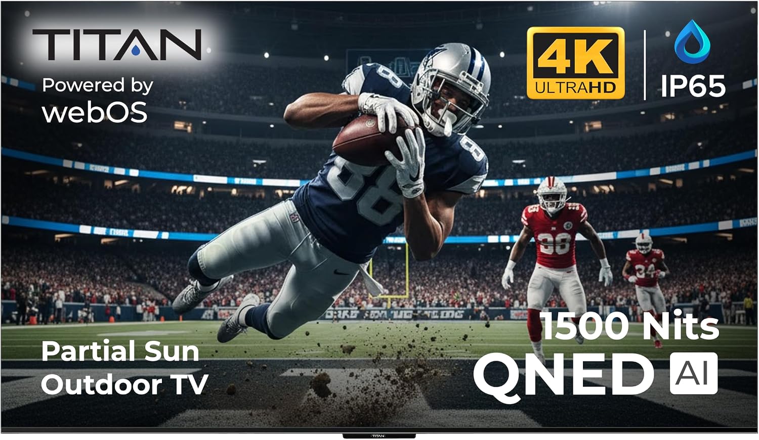 Titan L200 QNED 86 Inch Outdoor TV, Partial Sun, IP65 Smart Weatherproof TV, 4K HDR, 120 Hz, Web AI OS, 1500 Nits, Wi-Fi 6E, Dolby Digital, Outdoor TV Cover, Slim Bezel, 2 Yr Wty