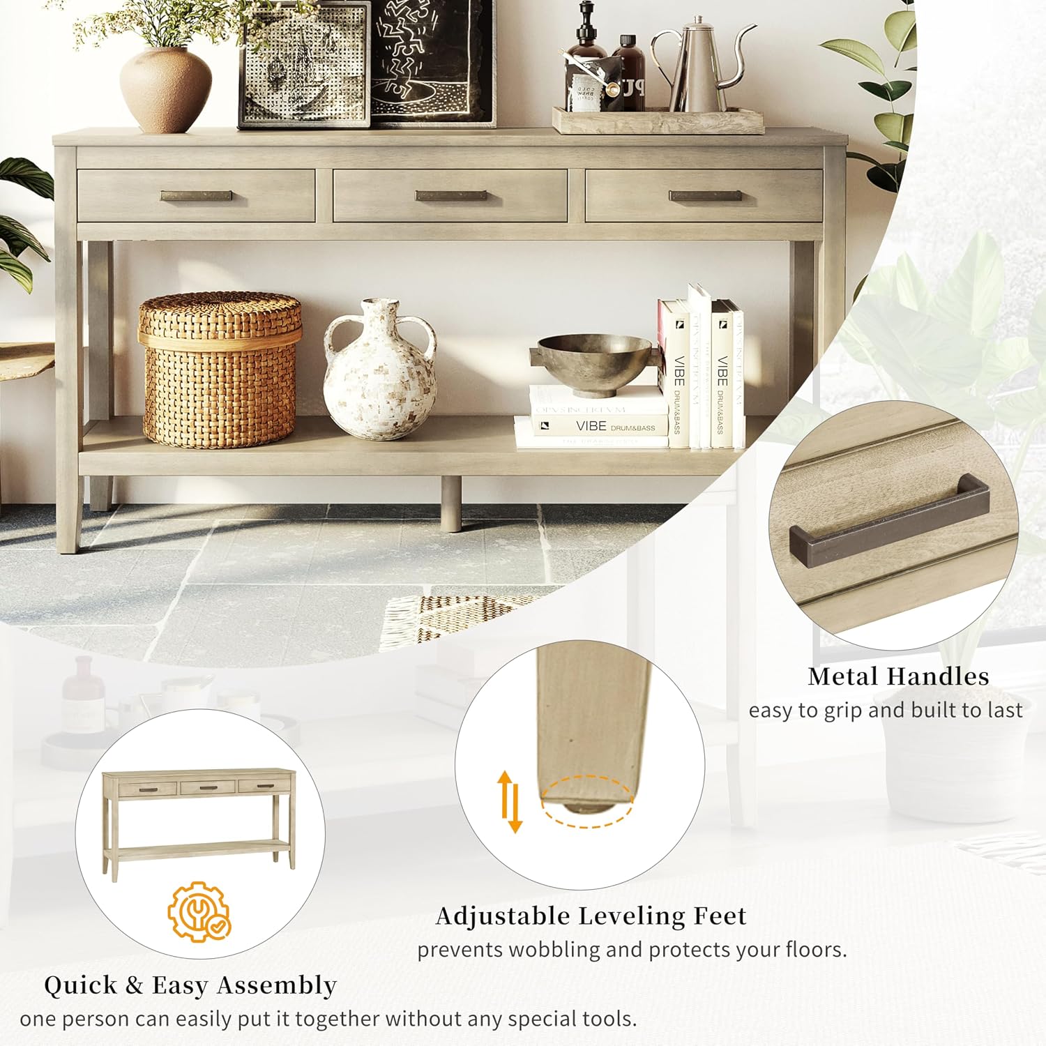 Merax Entryway Console Table with Storage, 3 Drawers Design/Wood Frame/Behind Couch & Sofa, Grey