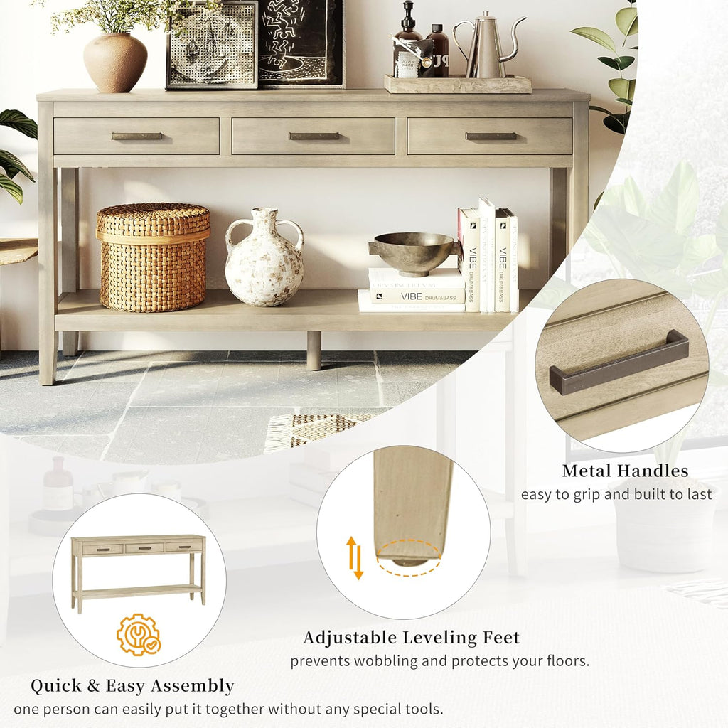 Merax Entryway Console Table, with 3 Storage Drawers, Bottom Shelf Design/Wood Frame/Behind Couch & Sofa, Grey