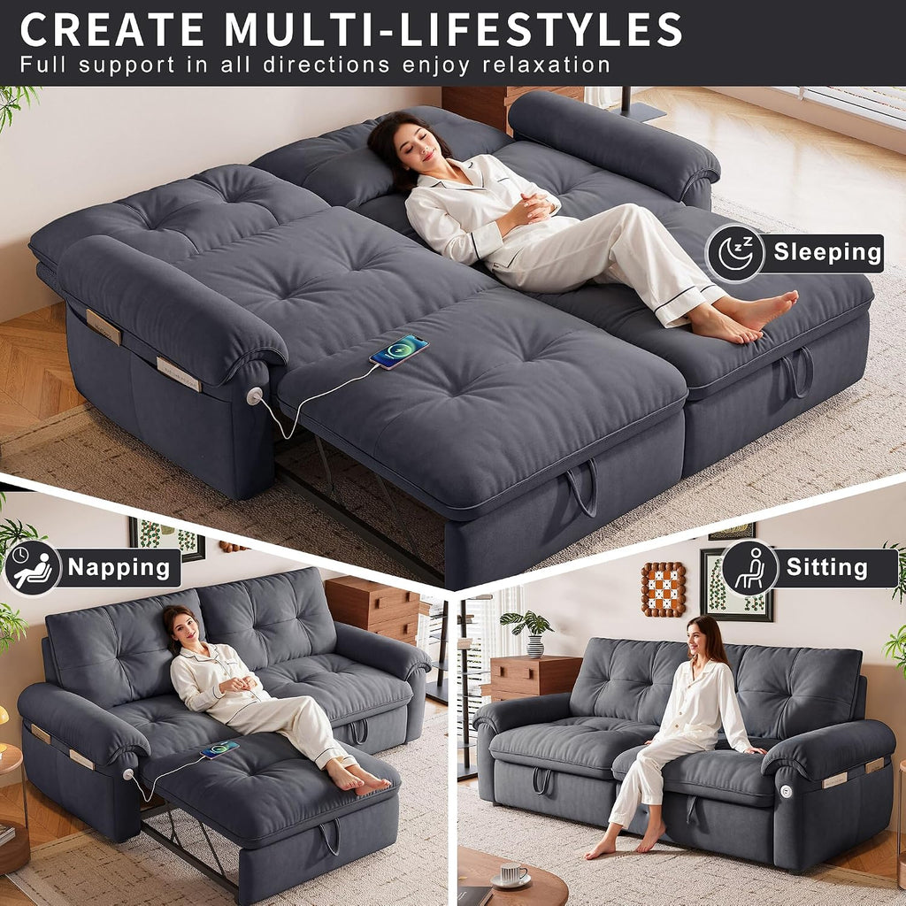 77' King Size Sleeper Sofa Bed, Convertible Pull Out Couch with Velvet Fabric, 3-in-1 Loveseat L Shaped Couch Bed with Adjustable Backrest, Side Pocket & USB Ports for Living Room Apartment