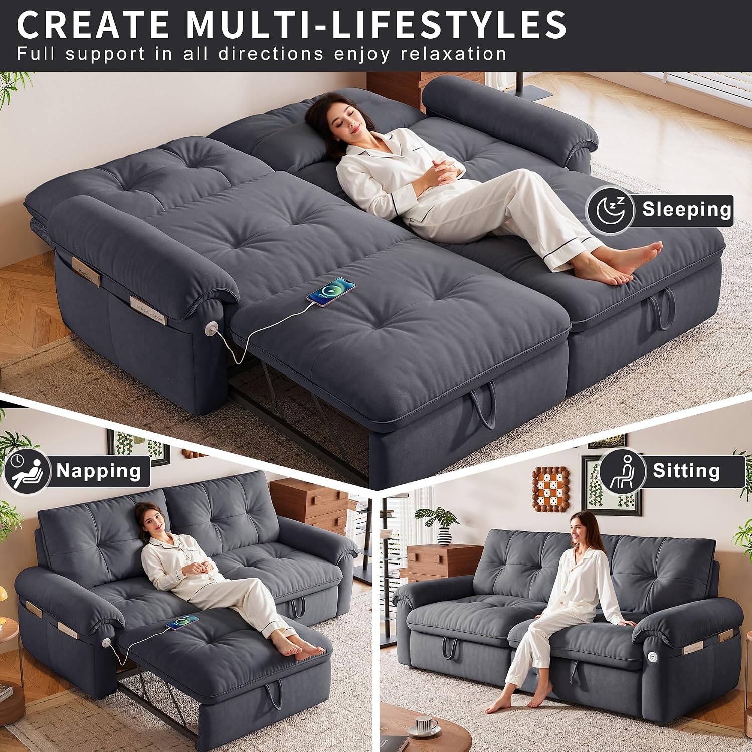 77' King Size Sleeper Sofa Bed, Convertible Pull Out Couch with Velvet Fabric, 3-in-1 Loveseat L Shaped Couch Bed with Adjustable Backrest, Side Pocket & USB Ports for Living Room Apartment