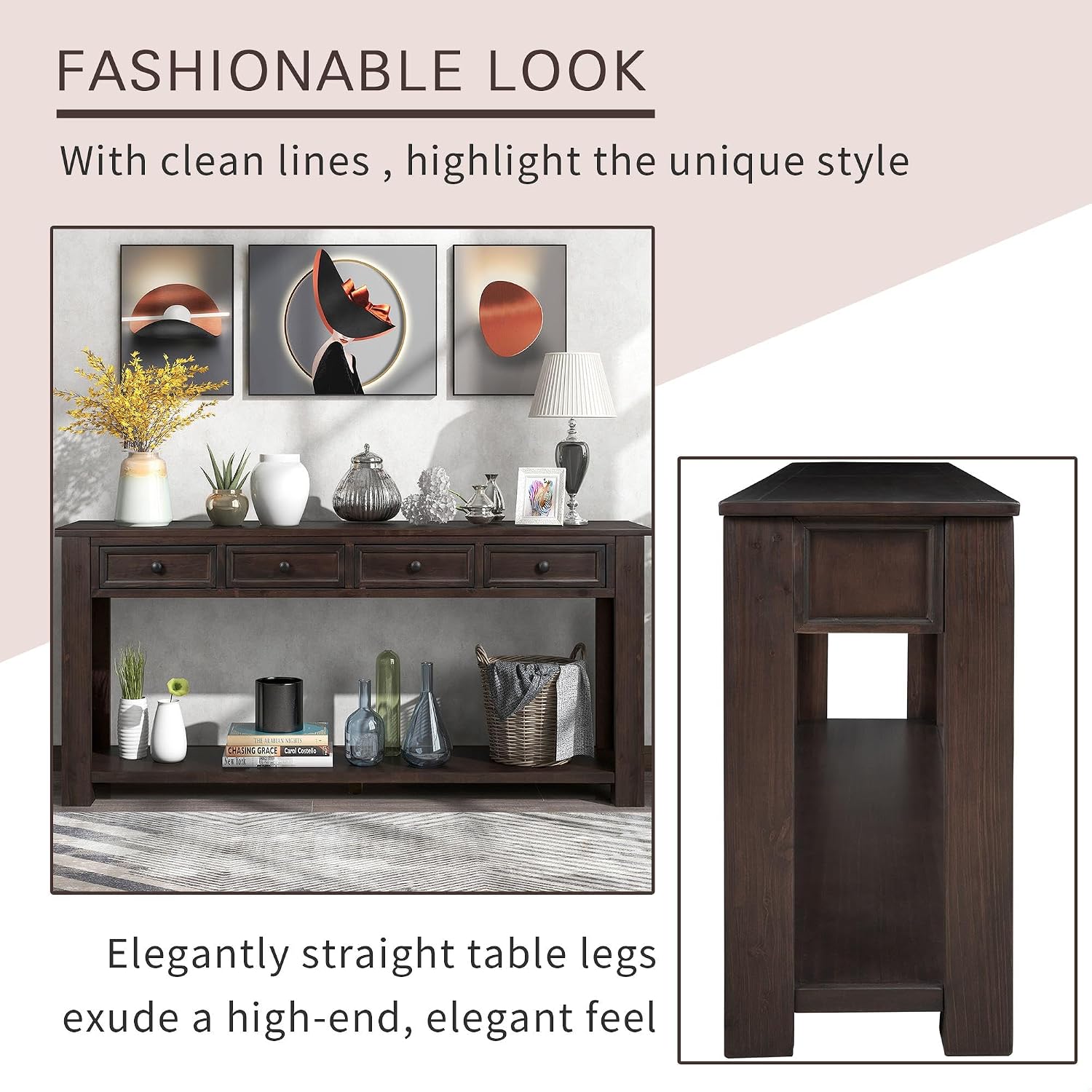 GDFStudio Farmhouse Console Table with 4 Drawer 63' Long Rustic Entryway Table with Open Storage Shelves Vintage Metal Handle Narrow Foyer Sofa Tables for Living Room Entryway Hallway, Espresso Brown