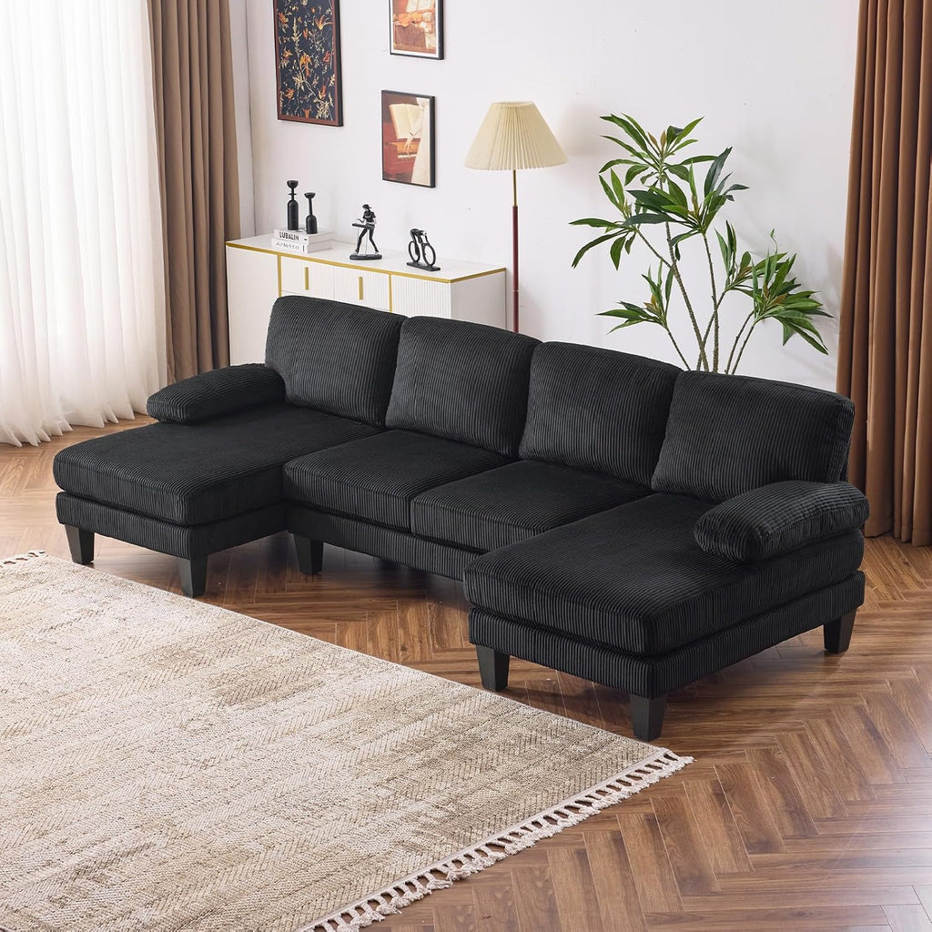 VINGLI 110' Sectional Couches for Living Room,U Shaped Couch with Double Chaise, 4-Seat Sofa Set with Corduroy Fabric for Home Furniture,Black