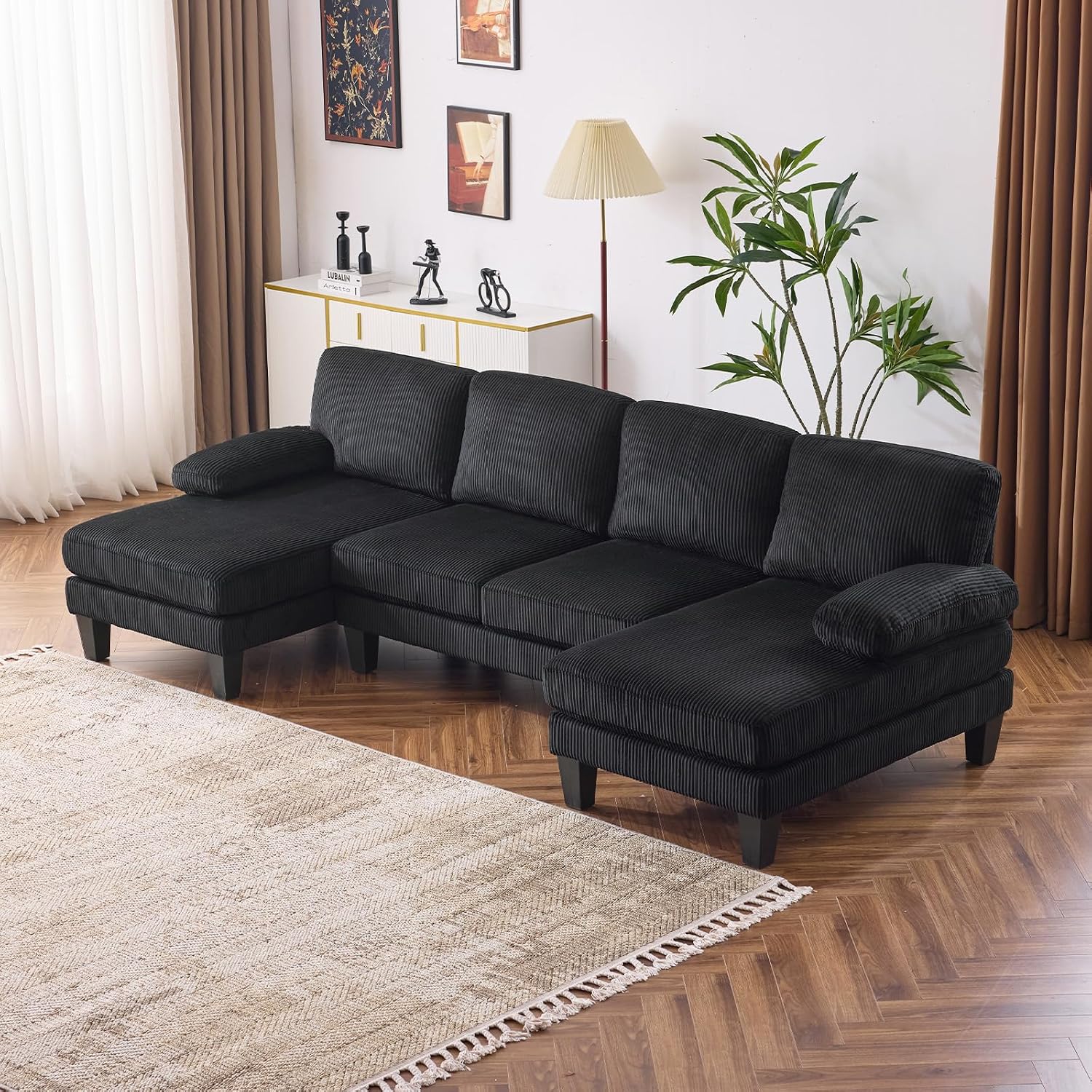 VINGLI 110' Sectional Couches for Living Room,U Shaped Couch with Double Chaise, 4-Seat Sofa Set with Corduroy Fabric for Home Furniture,Black