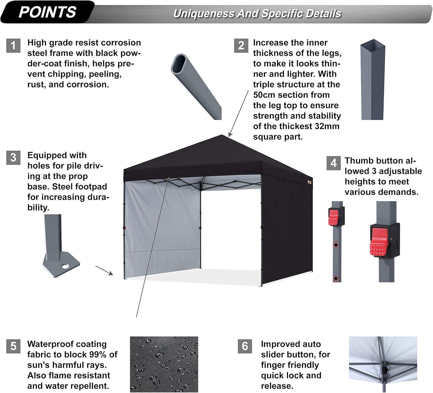 ABCCANOPY Easy Pop up Canopy Tent with 2 Sidewalls for Outdoor Sun Blocking or Rain Protection,10x10, Black