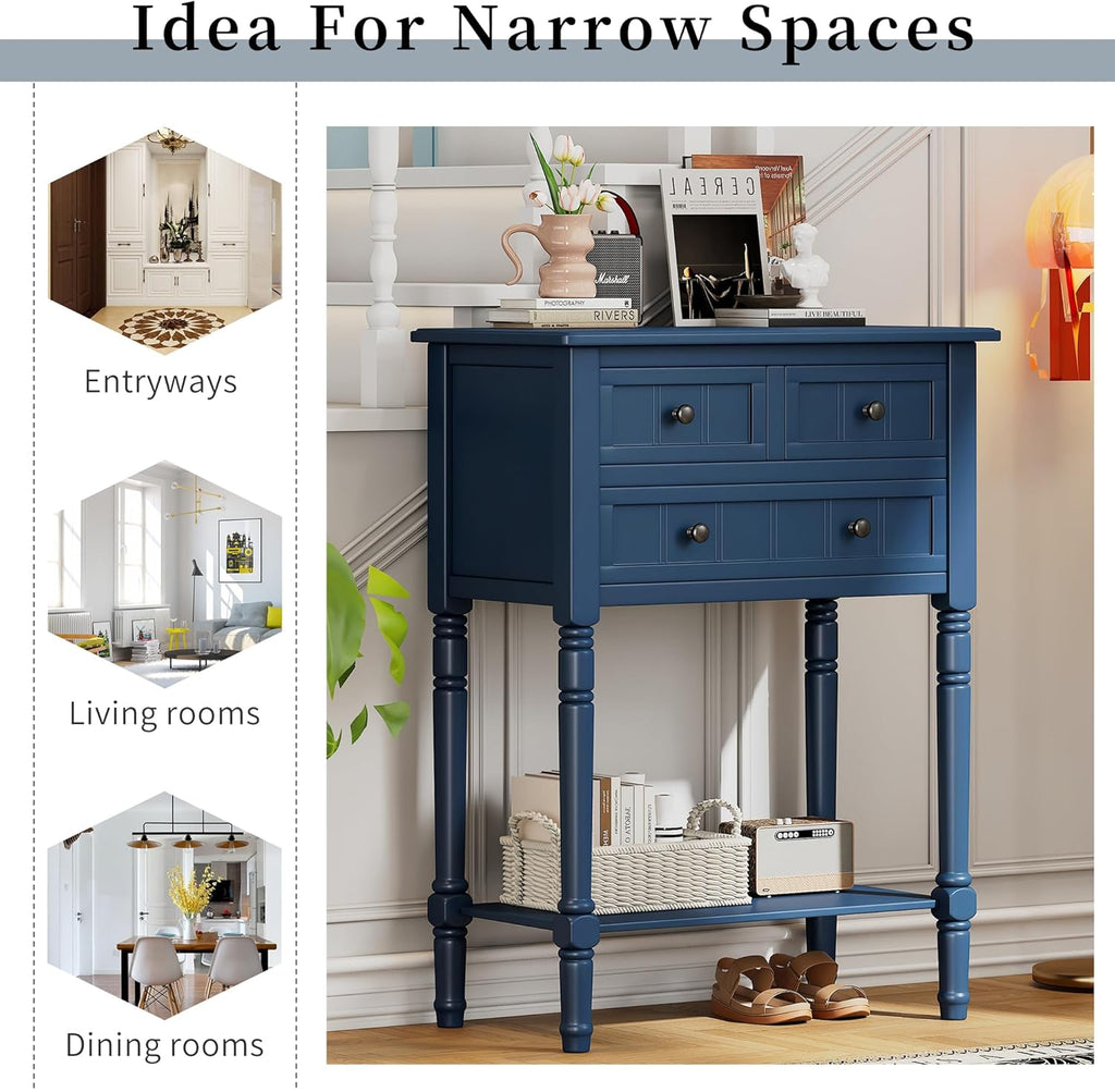Merax Narrow Console Table, Elegant Slim Entryway Table Sofa Table with Three Storage Drawers and Bottom Shelf for Entryway for Hallway, and Living Room (Navy)