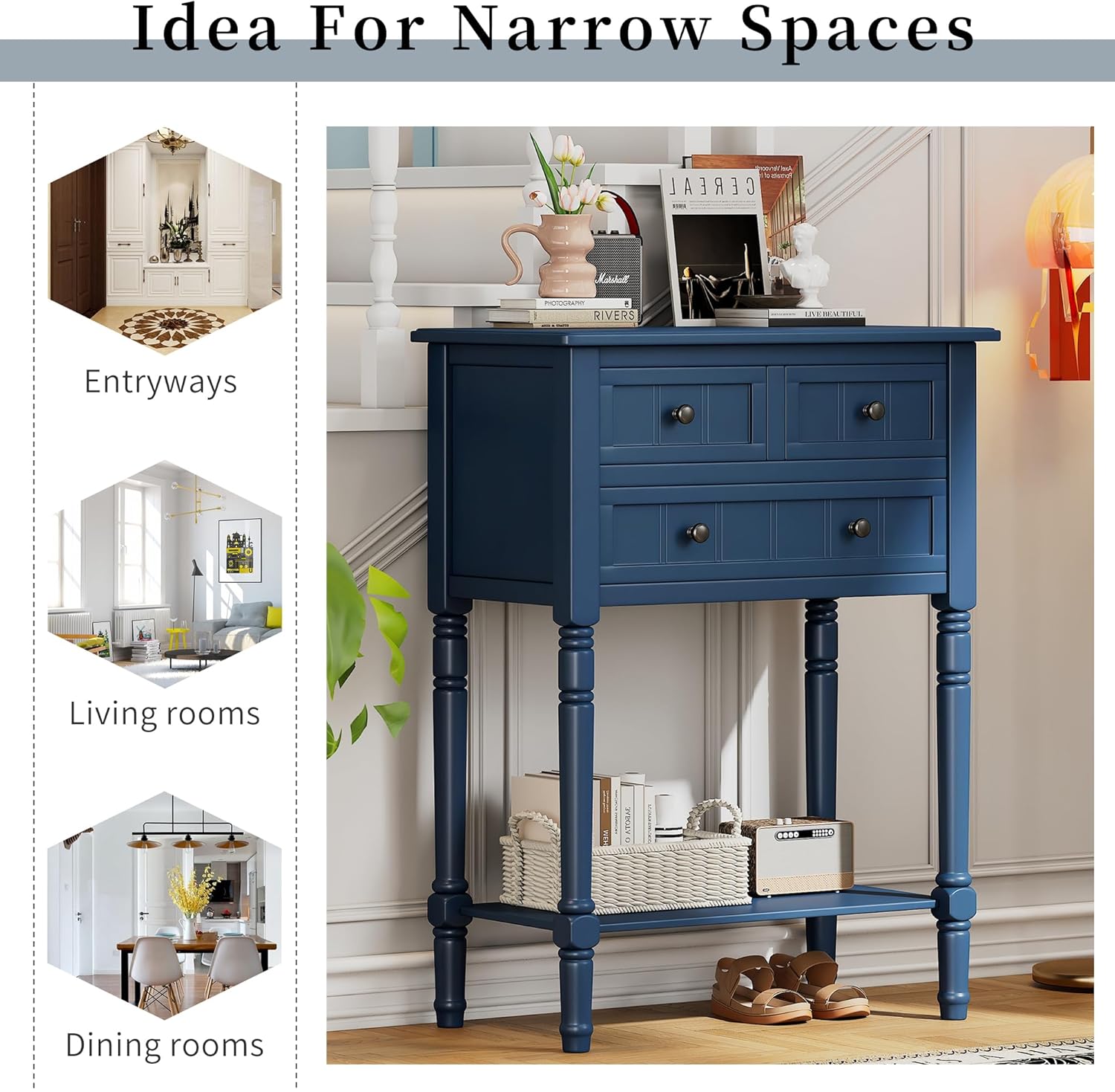 Merax Narrow Console Table, Elegant Slim Entryway Table Sofa Table with Three Storage Drawers and Bottom Shelf for Entryway for Hallway, and Living Room (Navy)