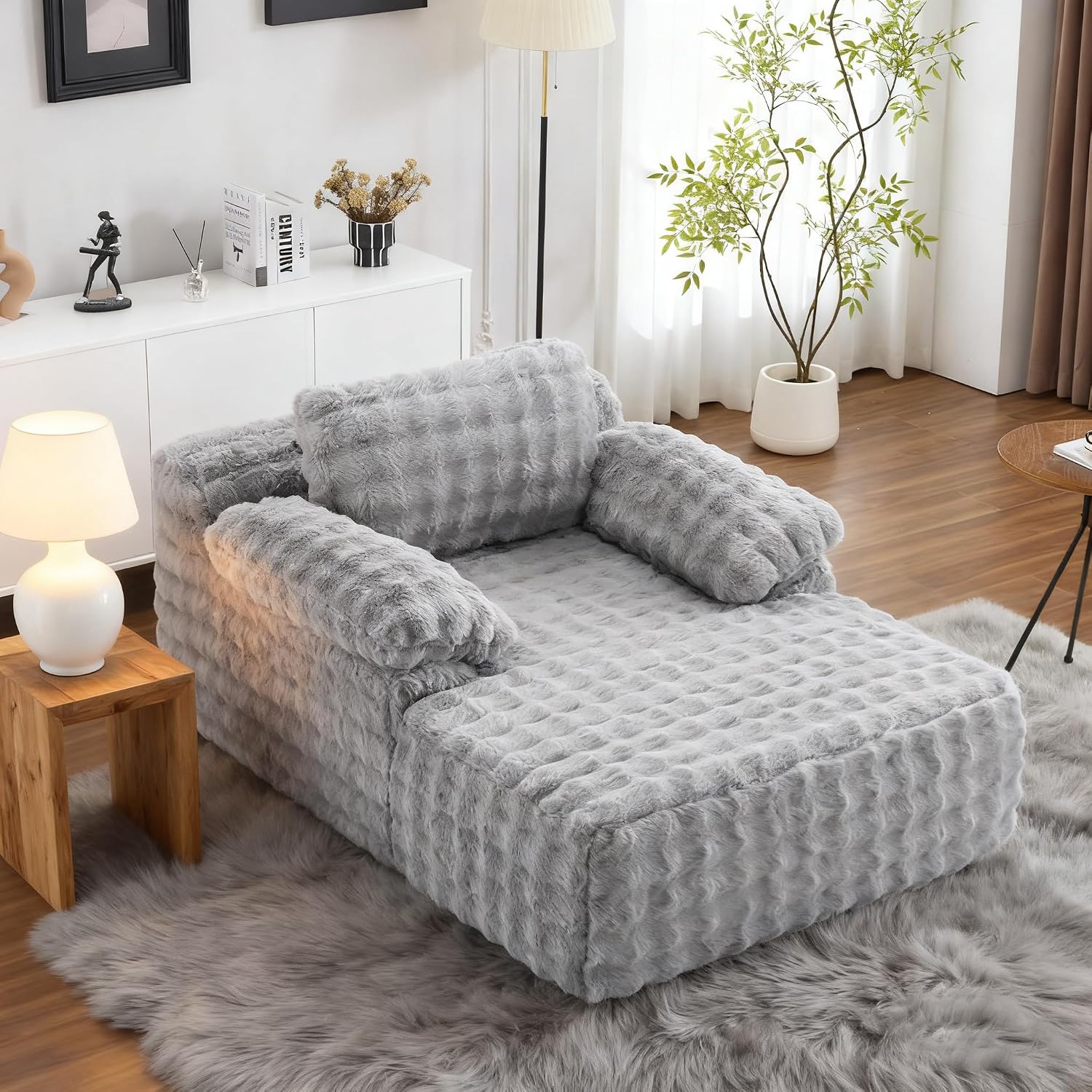 VINGLI Boneless Chaise Lounge Chair, Light Grey Oversized Reading Chair Upholstered Bubble Fleece Cloud Couch Sofa Recliner Bed Comfy Sleeper Lounge for Living Room, Movie Room, Bedroom