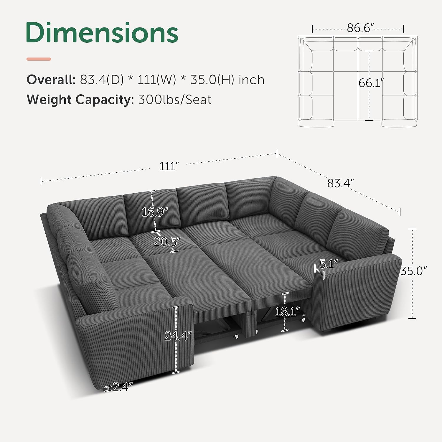 HONBAY Modular Sectional Pull Out Couch Bed, Corduroy Sleeper Sofa with Storage Seats, Oversized U Shaped Sectional Couches for Living Room, Dark Grey