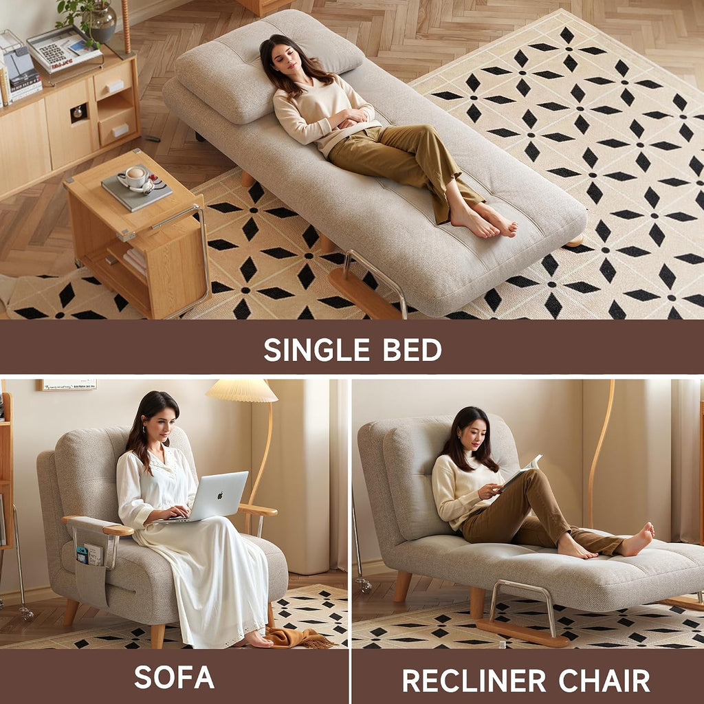 Convertible Lounger Fold-Out Sofa Bed, 3-in-1 Sleeper Sofa，Adjustable Backrest, Modern-Style Sofa for Small Spaces, Bedrooms & Offices(Beige,28.35)