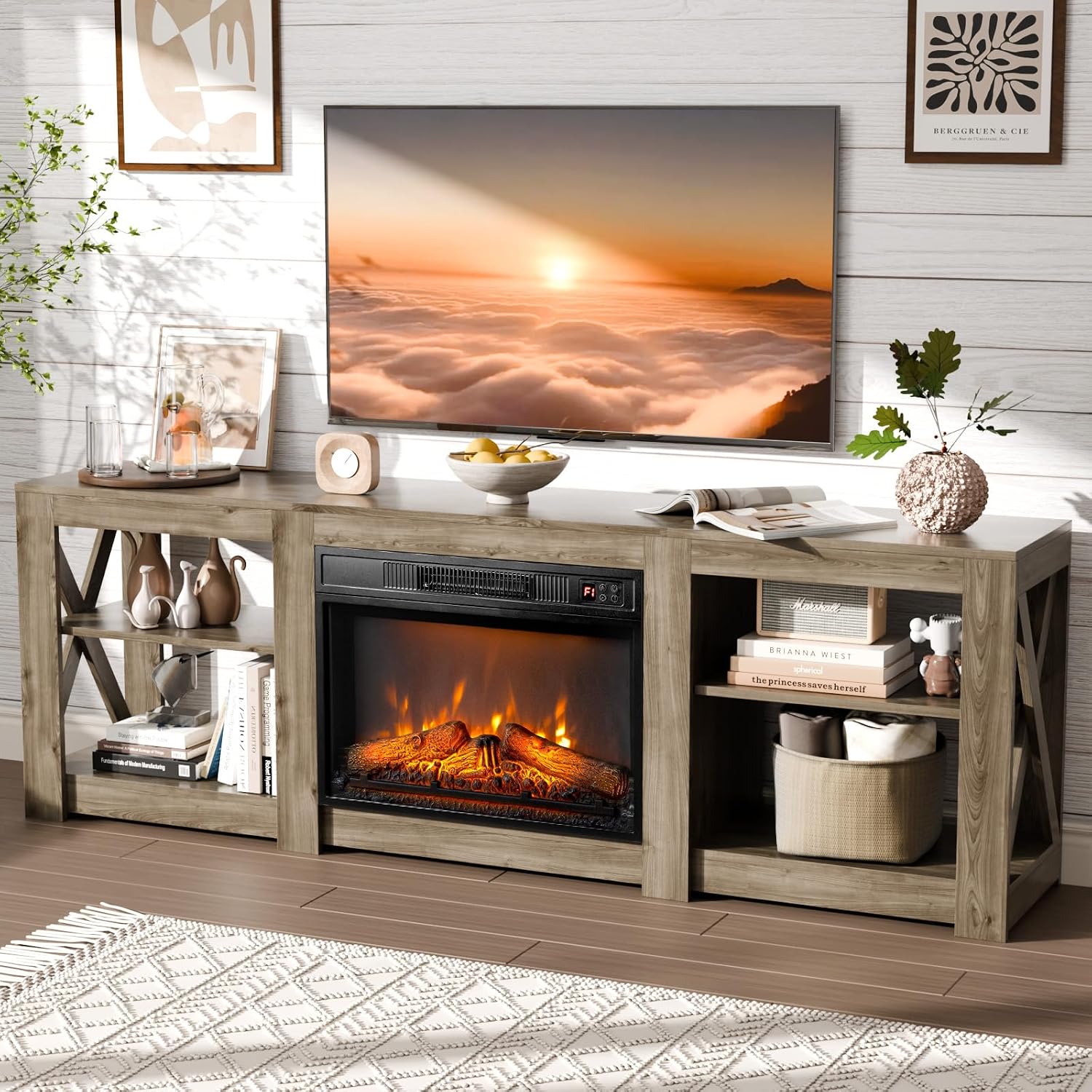 Bonnlo Fireplace TV Stand for TVs up to 80', Rustic Farmhouse Entertainment Center with Electric Heater & Adjustable Shelves, TV Console with Fireplace for Living Room, Gray Oak