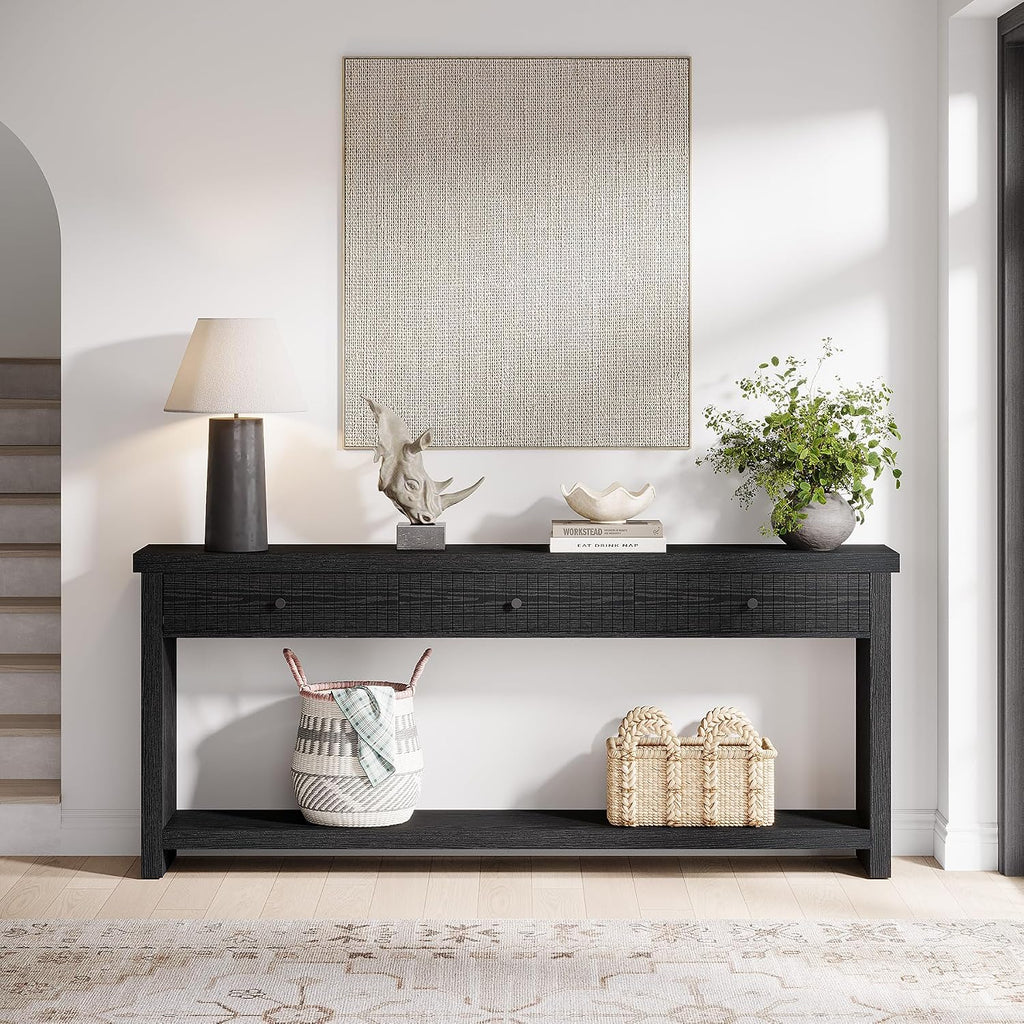 Tribesigns 70.9 inch Sofa Console Table with 3 Drawers, Extra Long Entryway Table with Open Storage Shelves Wooden Couch Table Foyer Tables Furniture for Living Room Hallway Entrance, Black