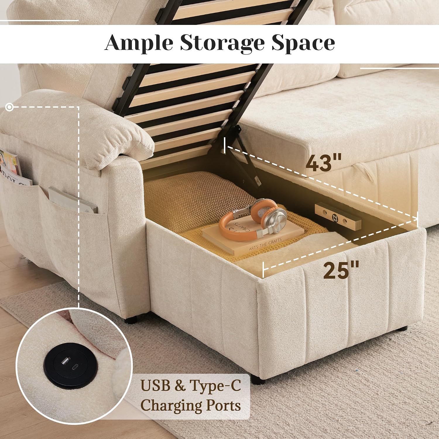 Tbfit 84'' Pull Out Sofa, 3 in 1 Sleeper Sofa Couch with USB & Storage Chaise, Cloud Sofa Bed with Pull Out Bed, Chenille Convertible Sleeper Sofas for Living Room, Small Spaces, Beige