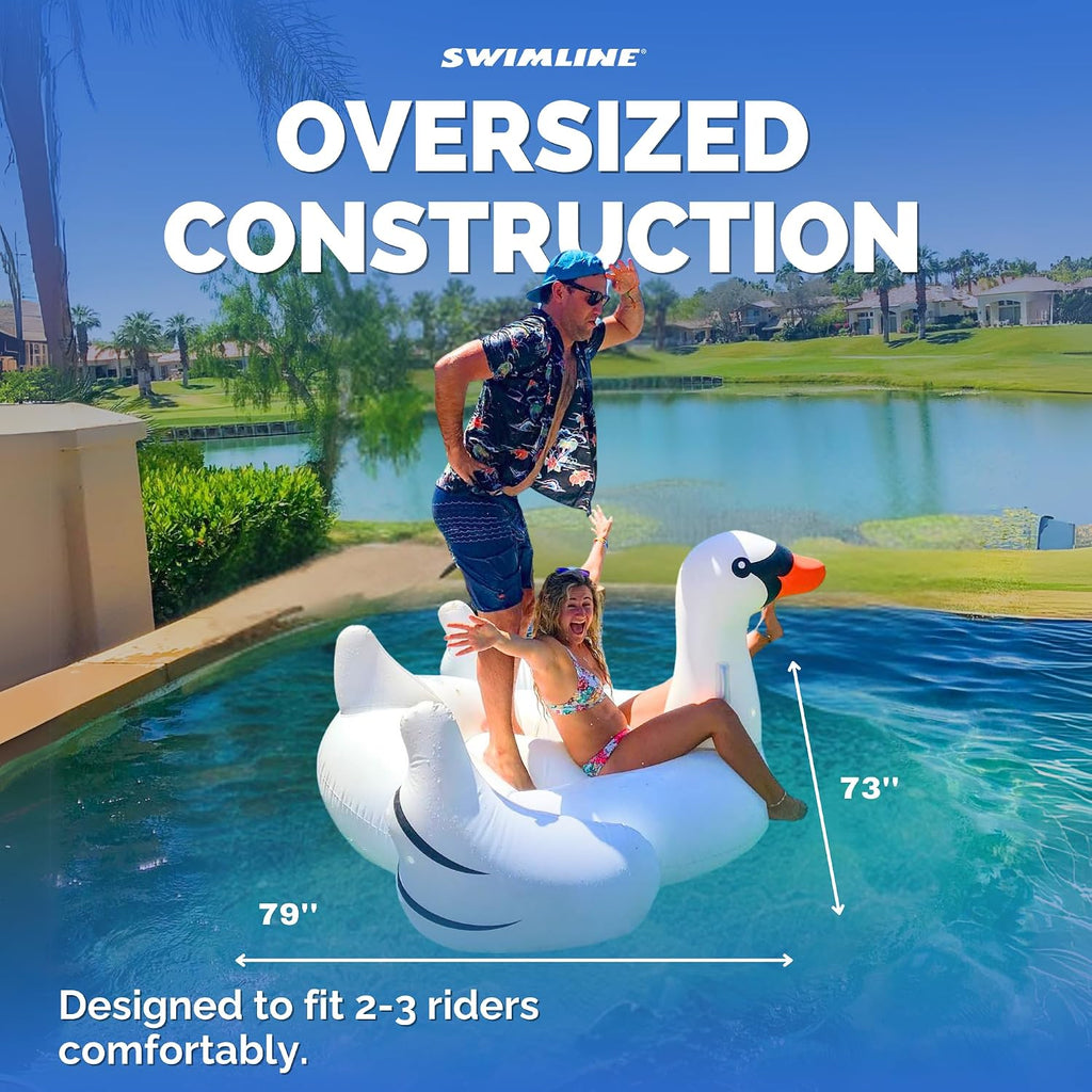 SWIMLINE Original 90621 Giant Inflatable Swan Pool Float Floatie Ride-On Lounge W/Stable Legs Wings Large Rideable Blow Up Summer Beach Swimming Party Lounge Big Raft Tube Decoration Toys Kids Adults
