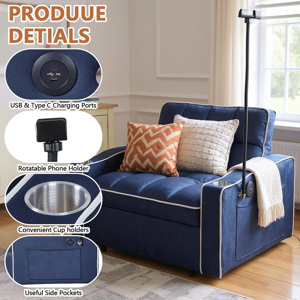 Majnesvon Modern Velvet Fabric Sofa Bed Futon,3 in 1 Convertible Pullout Bed Couches with 3 Reclining Backrests,Phone Stand,Small Sofa Single Sleeper Chair Bed for Living Room Bedroom (Blue)