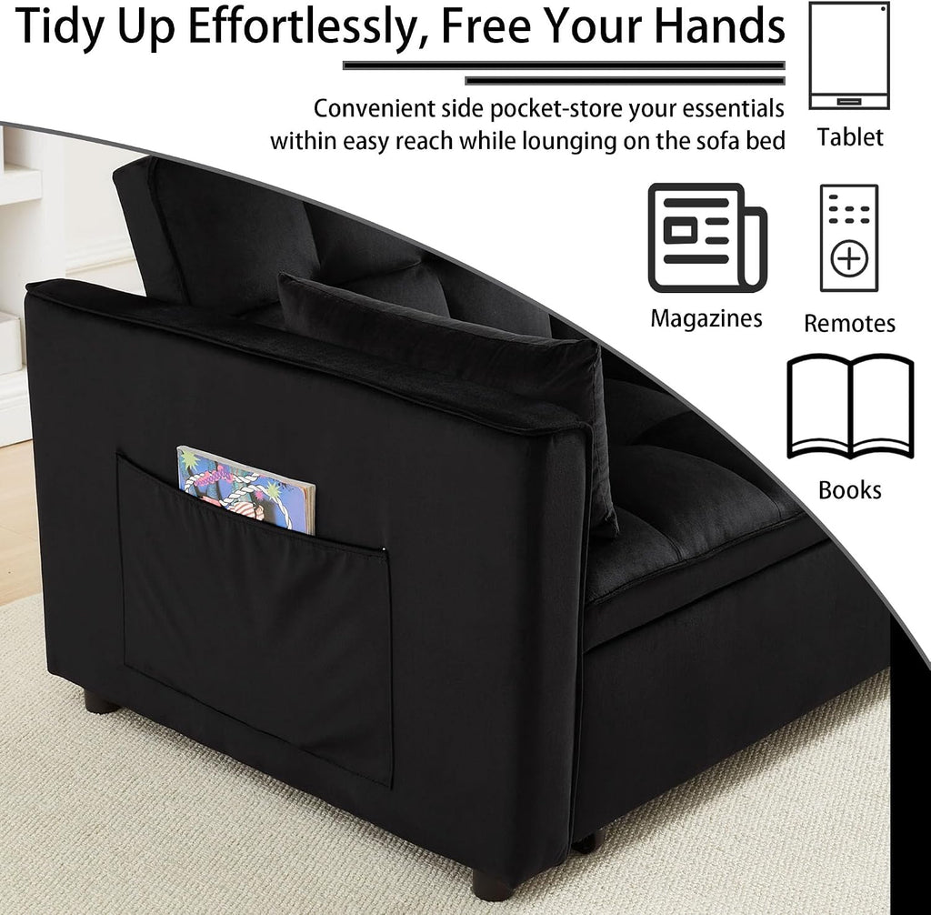 70' 3 in 1 Pull Out Couch, Loveseat Sleeper Sofa with Side Pockets, Convertible Velvet Fabric Sofa Bed for Living Room, Bedroom, Apartment, Easy Assembly, Black