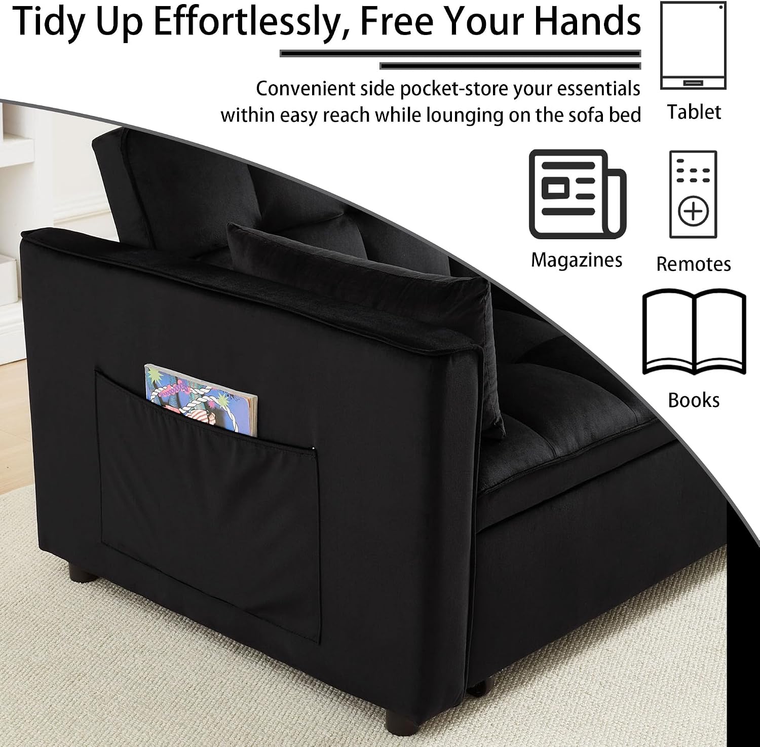70' 3 in 1 Pull Out Couch, Loveseat Sleeper Sofa with Side Pockets, Convertible Velvet Fabric Sofa Bed for Living Room, Bedroom, Apartment, Easy Assembly, Black