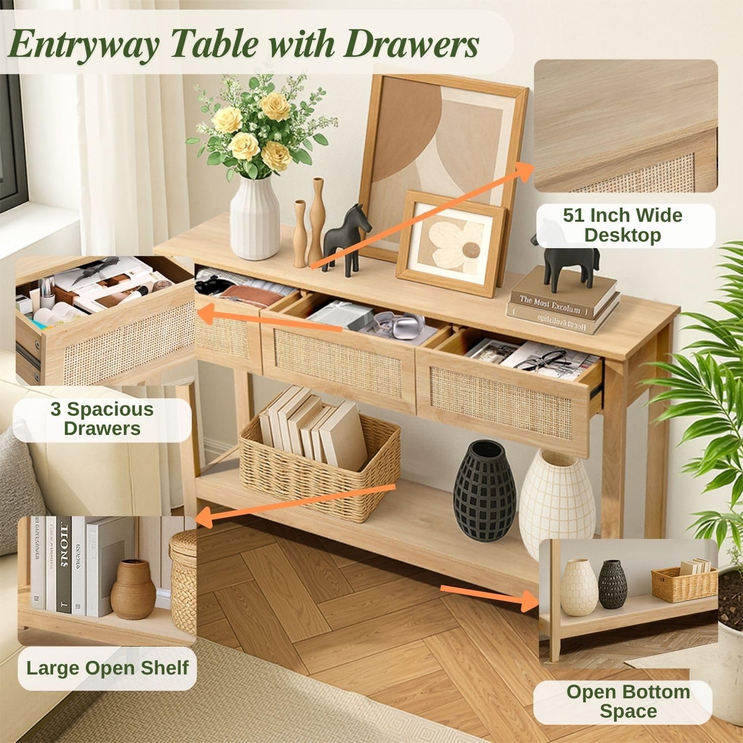 Karl home Console Table, Rattan Entryway Table with Storage Narrow Long, w/3 Drawers & Storage Shelf, Sofa Table Foyer Hallway Behind Couch Table for Living Room, Natural Wood