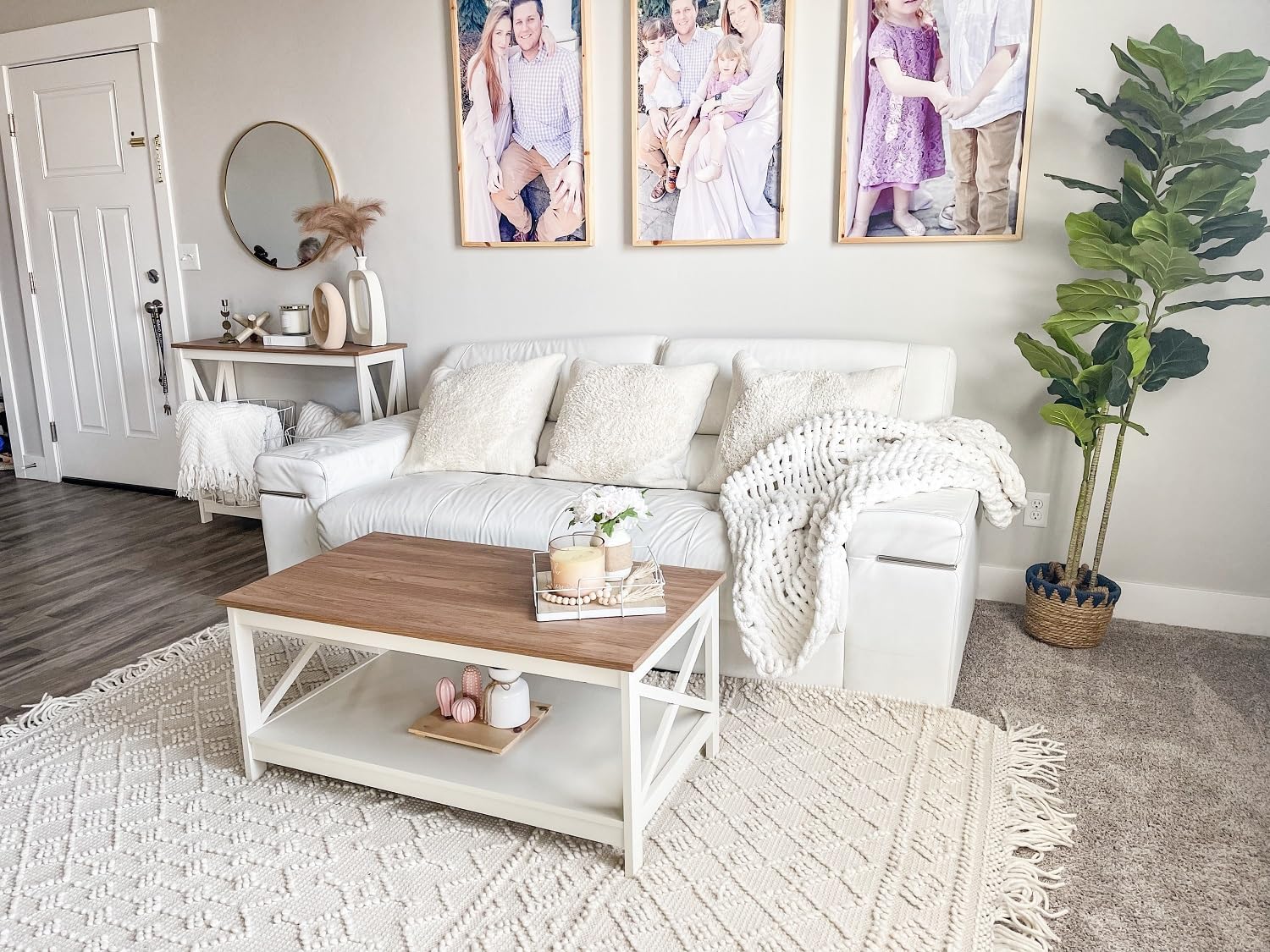 PHI VILLA Farmhouse Coffee Table for Living Room, White Coffee Tables with Storage Rustic Style Modern