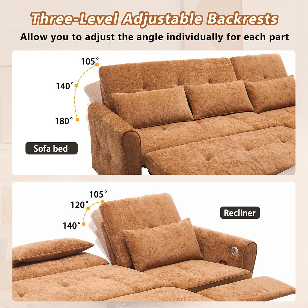 Merax 2-in-1 Convertible Sofa Bed & Recliner Sofa, 82' 3-Seater Sofa, Pull-Out Sleeper Sofa, 3 Level Adjustable Backrest, Reversible Left/Right, with USB Charging Ports, Easy to Assemble (Orange)