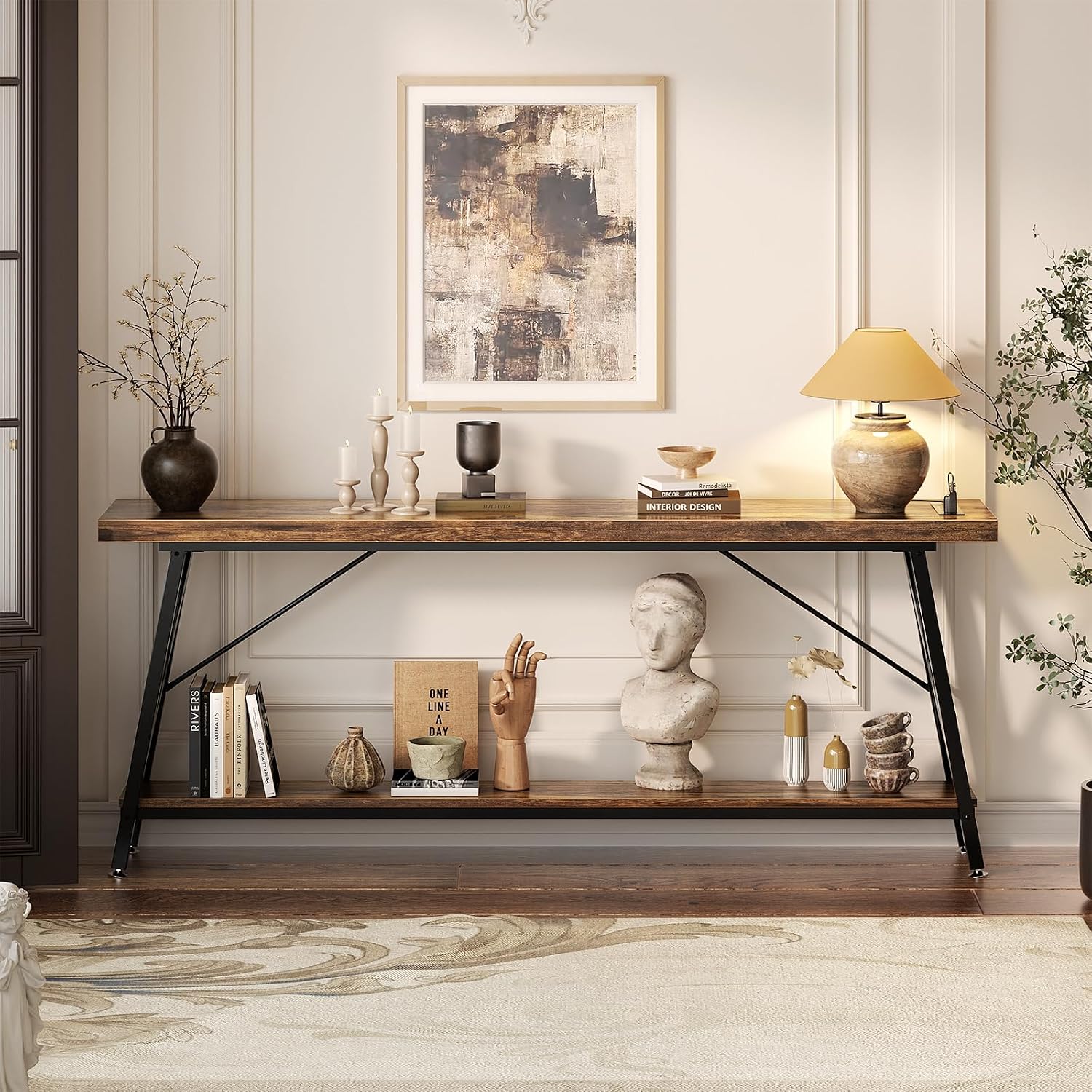 Homieasy 70.9 Inch Extra Long Console Table, Industrial Sofa Table Behind Couch with Charging Station & Storage Shelf, Entryway Table for Living Room & Entryway, Rustic Brown