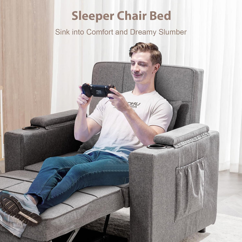 COMHOMA Sleeper Chair Bed,Convertible Sofa Bed Armchair with Cup Holders,3-in-1 Futon Bed Chair with Side Pocket Pull Out Sofa Bed Couch for Living Room,Bedroom (Grey)