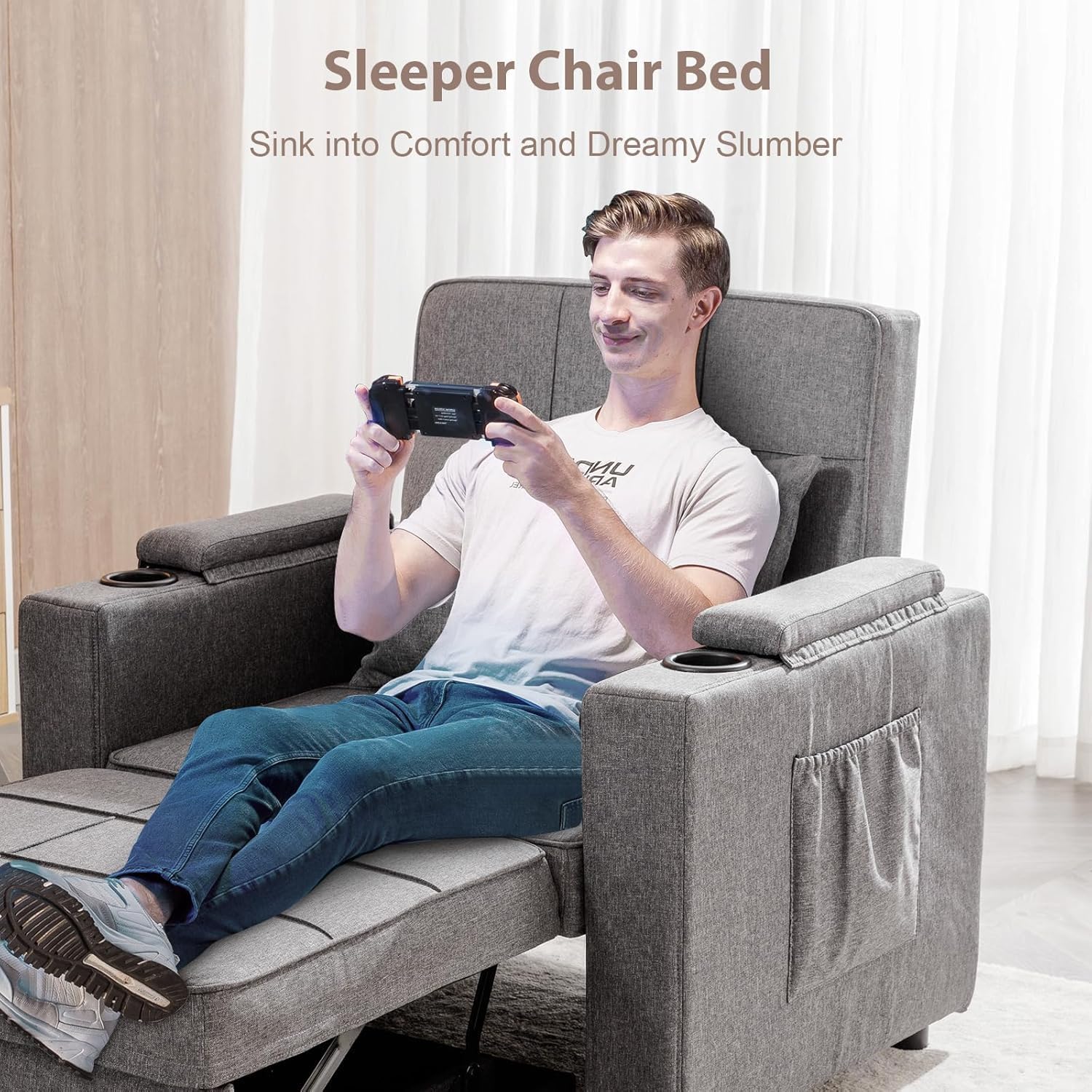 COMHOMA Sleeper Chair Bed,Convertible Sofa Bed Armchair with Cup Holders,3-in-1 Futon Bed Chair with Side Pocket Pull Out Sofa Bed Couch for Living Room,Bedroom (Grey)