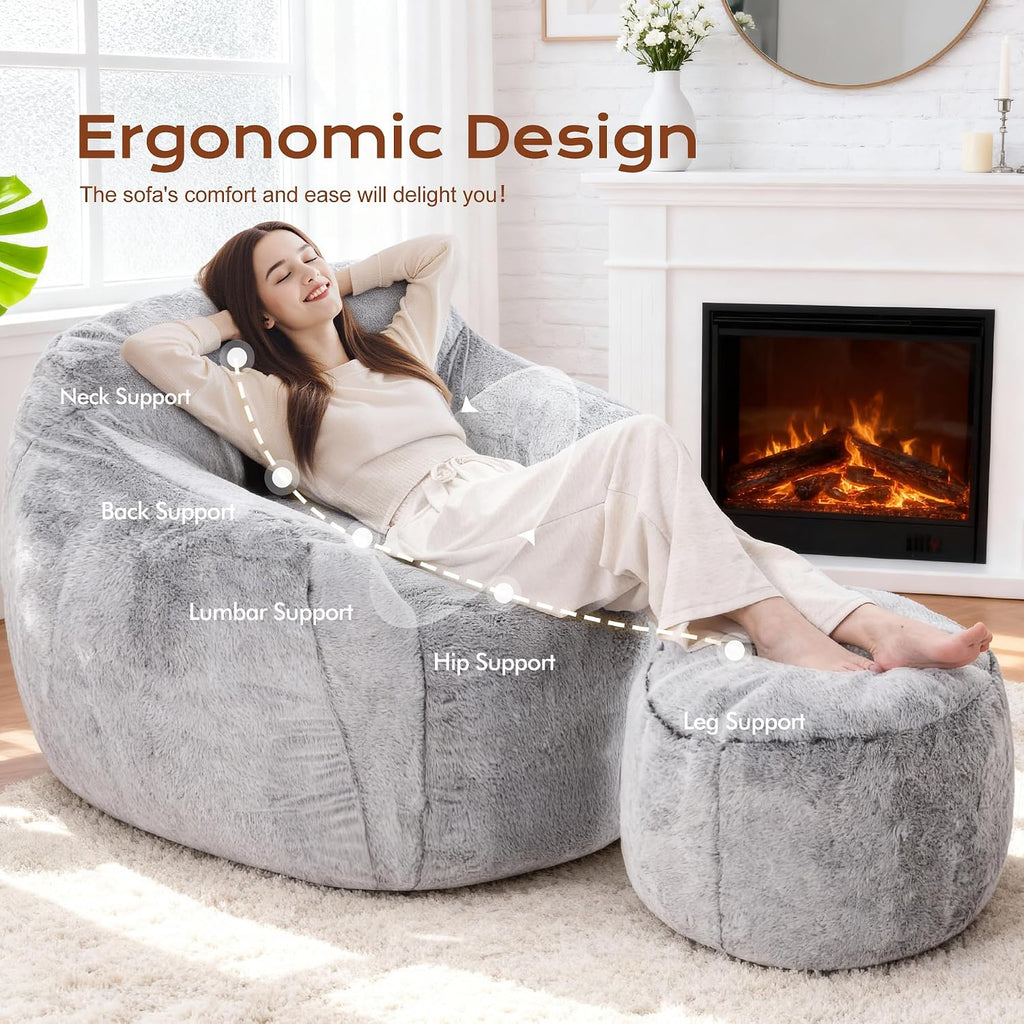 Giant Bean Bag Chair for Adults, Large Memory Foam BeanBag Chairs, Oversized Bean Bag Sofa with Filler, Faux Fur Big Reading Chair Comfy Floor Sofa Chair (Light Grey, Single with Ottoman)