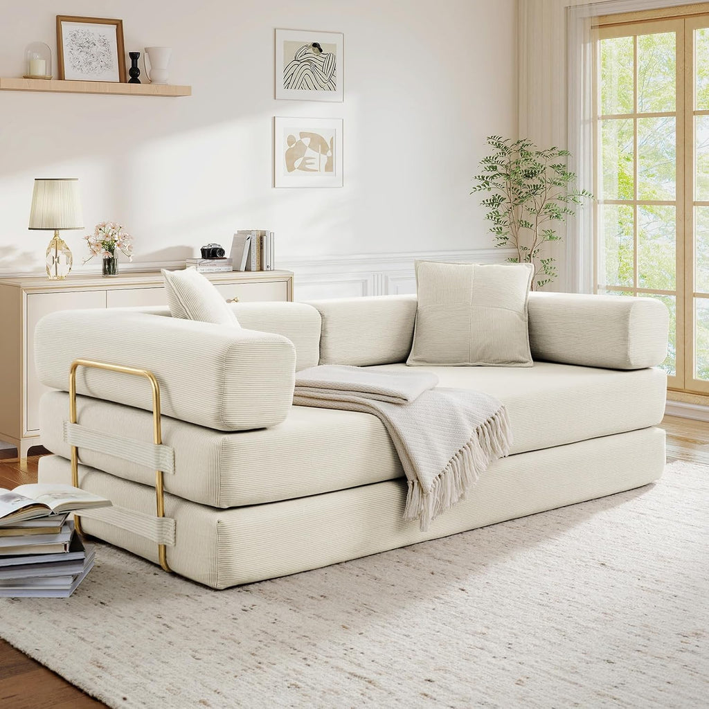 Antetek Modular Couch Bed, Convertible Folding Plush Corduroy Comfy Floor Memory Foam Compression Loveseat Sleeper Sofa Couch, King Size Bed for Guest Room Living Room Bedroom, No Assembly, Cream