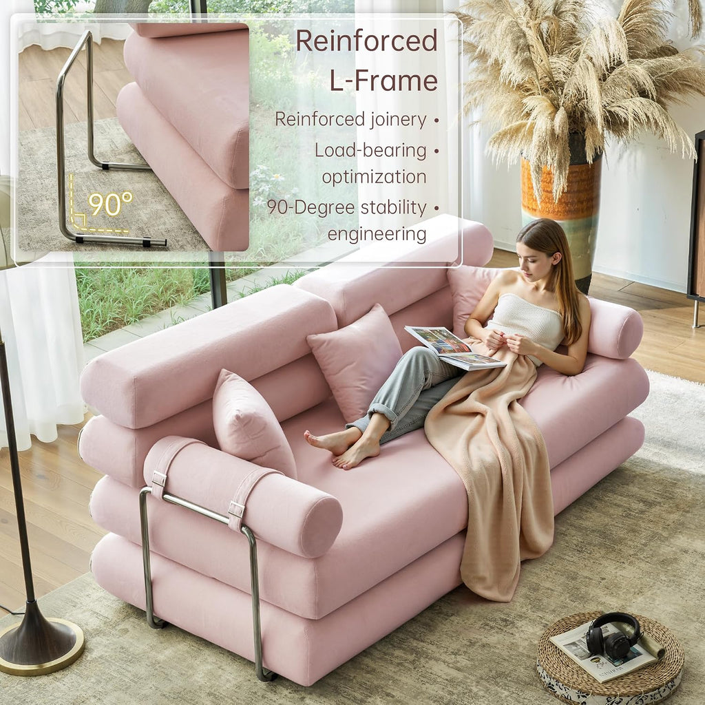 YINIX Convertible Sleeper Sofa - 35'' High-Back Floor Couch Bed - Folding Sofa Bed with Rounded Arm Supports - Floor Sofa Lounge Sofa Bed for Living Room - Pink