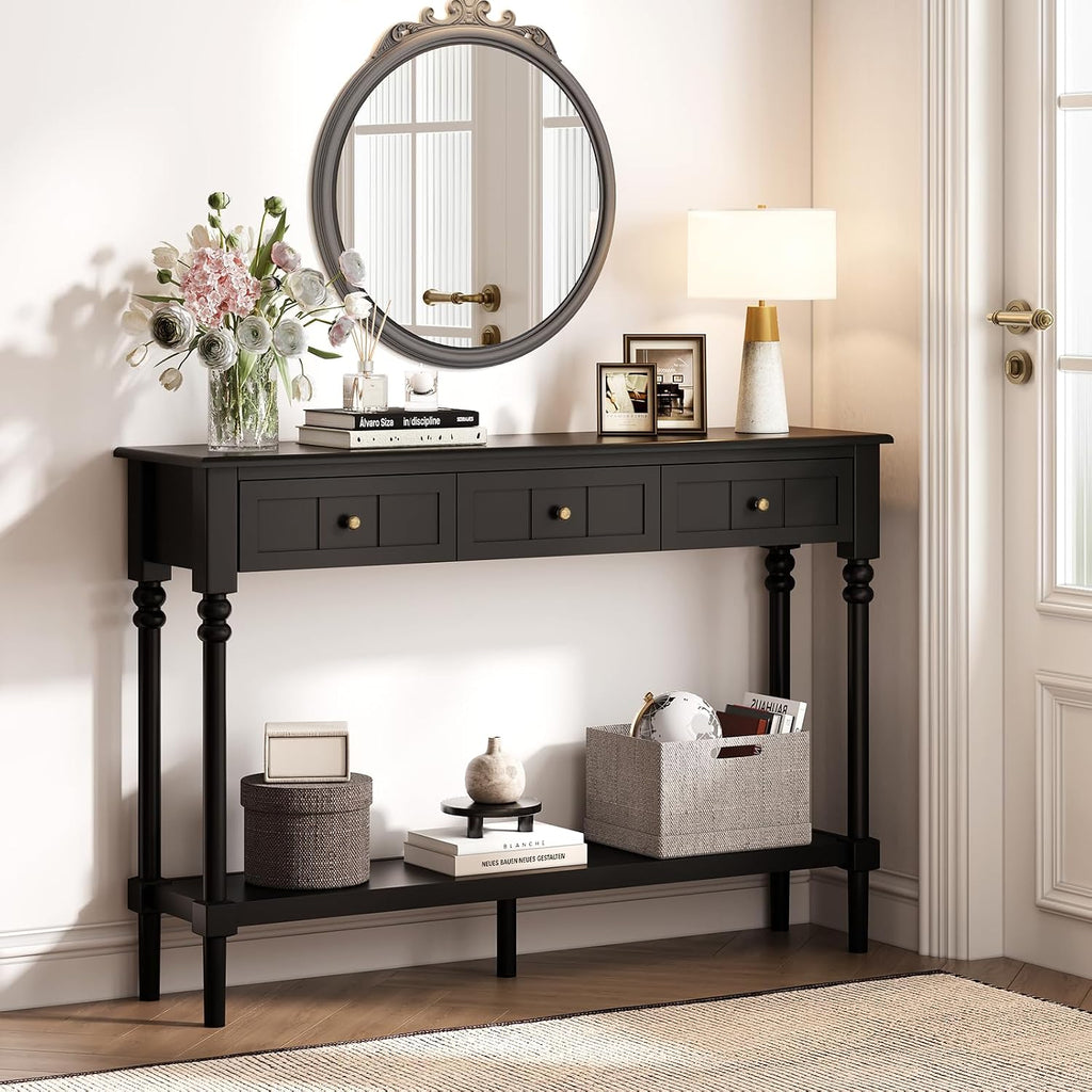 JOINICE Console Tables with Drawers,43' Entryway Table with Shelf and Solid Wood Legs,Narrow Long Sofa Table with Storage, Wood Foyer Tables for Entryway,Living Room,Hallway,Black