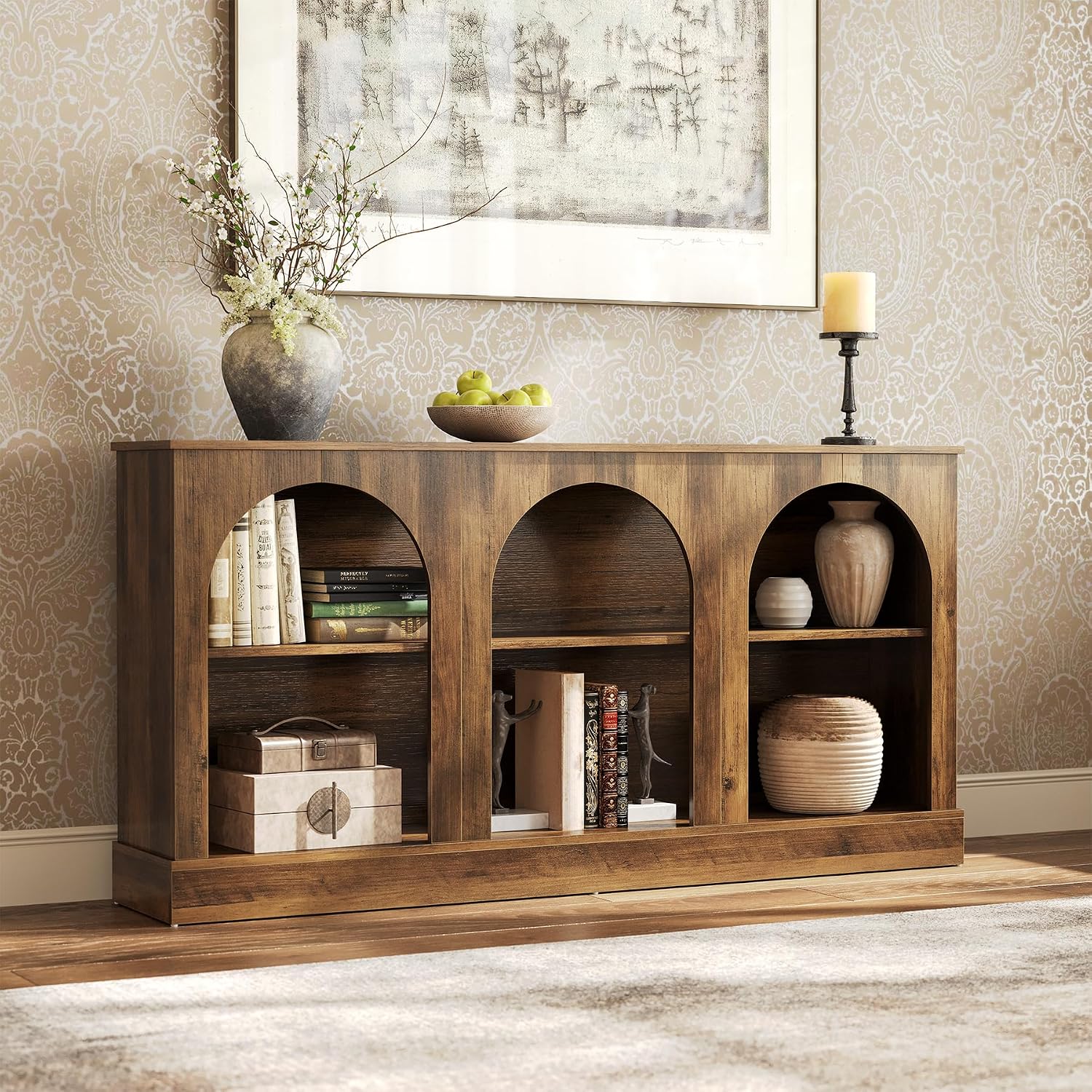 LITTLE TREE 63' Modern Console Sofa Table with 3-Tier Storage, Wooden Rectangular Foyer Table, for Entrance, Hallway, Living Room, Rustic Brown