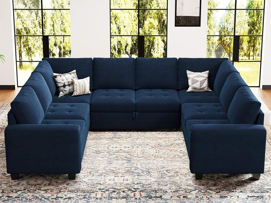 Belffin Modular U Shaped Sectional Sleeper Sofa with Pull Out Couch Bed Velvet Blue Couch