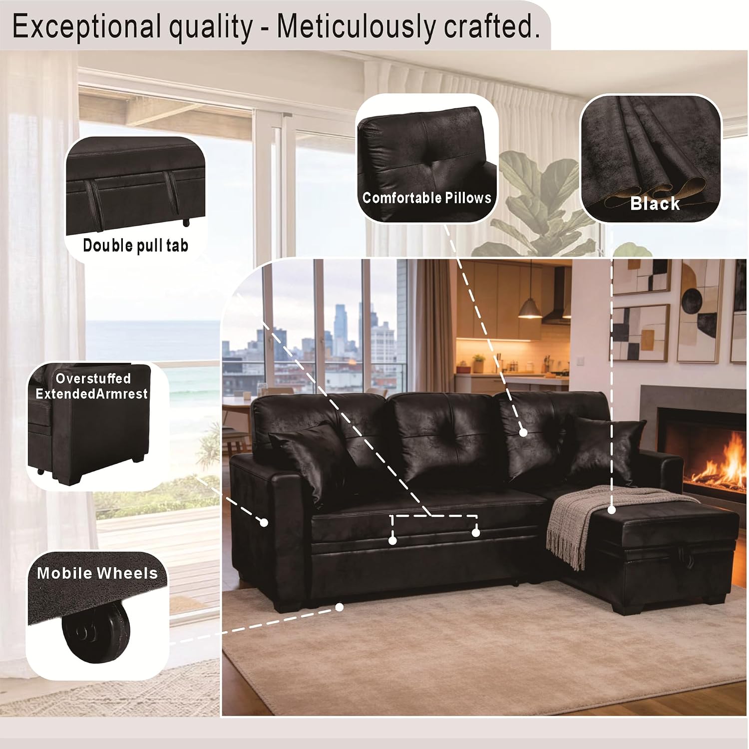 L Shaped Sectional Couch with Storage and Pull Out Bed, 3 Seater Sleeper Sofas Convertible Couches with Reversible Chaise for Living Room, Space Saving Small Sofa Bed for Small Spaces